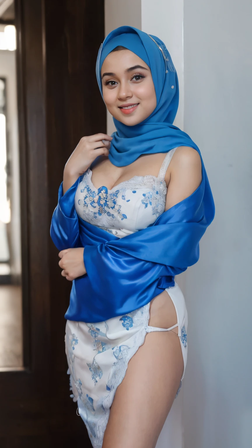 Beautiful, cute baby Face, ************ russian muslim girl, (wearing blue hijab), full hijab, sexy long sleeves kebaya dress, mini kebaya dress, coeavage cutout, medium breast , White Skin, Smiling, porn studio Background, day light,mid shot, full body, Perfect Potrait, Bokeh Effect, Look at Viewer, small breast, ((adorable:1.2)), ((masterpiece:1.1)), ((bokeh:1.2)), buttocks,(naughty seductive poses)