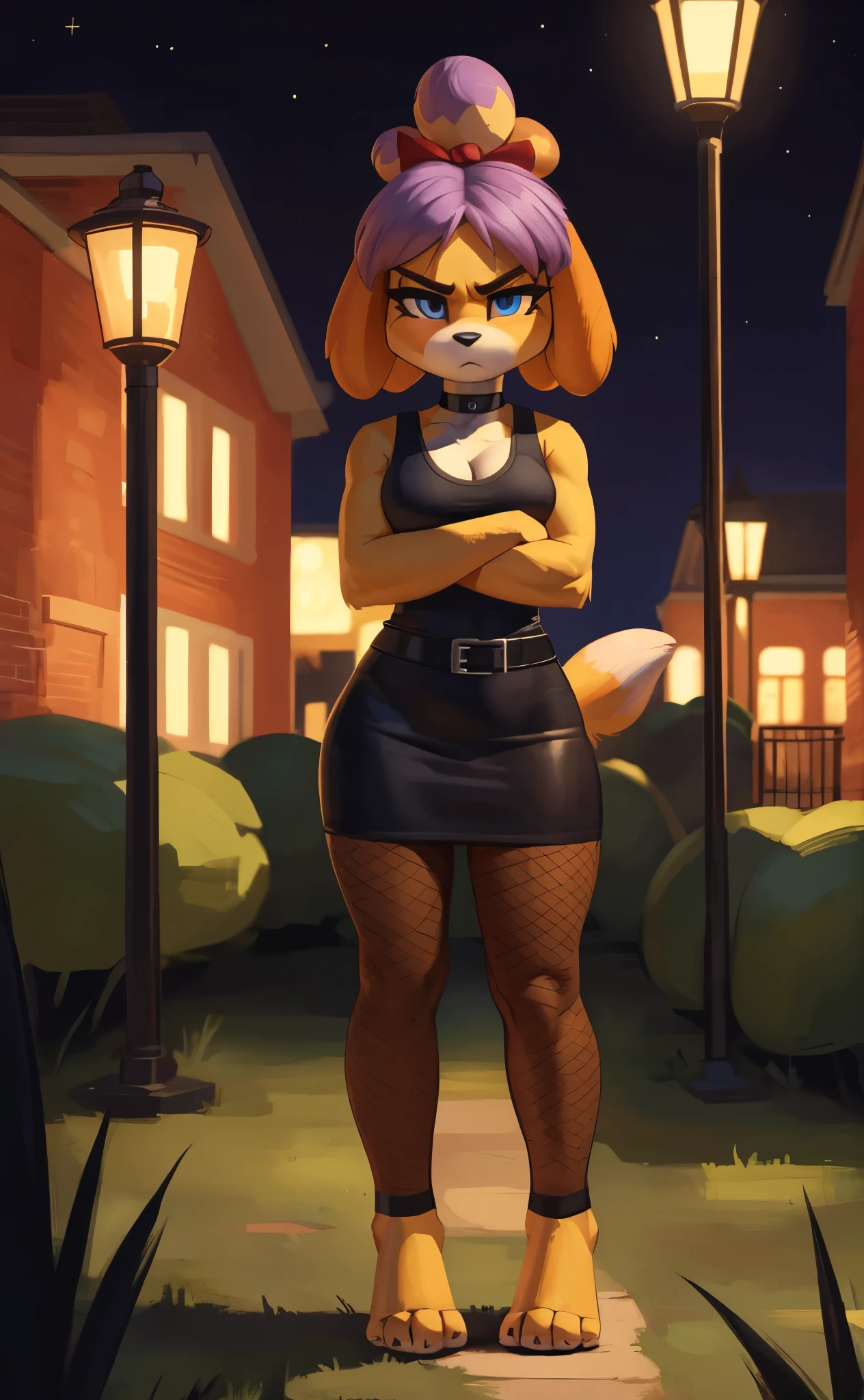 [isaCrossing], [Isabelle], [Animal Crossing], [Uploaded to e621.net; (Pixelsketcher), (wamudraws)], ((masterpiece)), ((HD)), ((high res)), ((solo portrait)), ((front view)), ((ass focus)), ((feet visible)), ((furry; anthro)), ((detailed fur)), ((detailed shading)), ((beautiful render art)), {anthro; (slim figure), yellow fur, black nose, (cute blue eyes), (purple hair), (skull hairbow), topknot, fluffy tail, (curvy hips), (beautiful legs), (beautiful feet), (humanoid feet), (blushing), (cute frown), (annoyed expression)}, {(red ribbon in hair), (black tank top), (cleavage), (red belt), (short pencil skirt), (choker), (fishnet pantyhose)}, {(standing), (crossed arms), (intimidating glare), (looking at viewer)}, [background; (park), (grass plains), (beaten path), (street lamps), (nighttime), (starry sky), (ambient lighting)]
