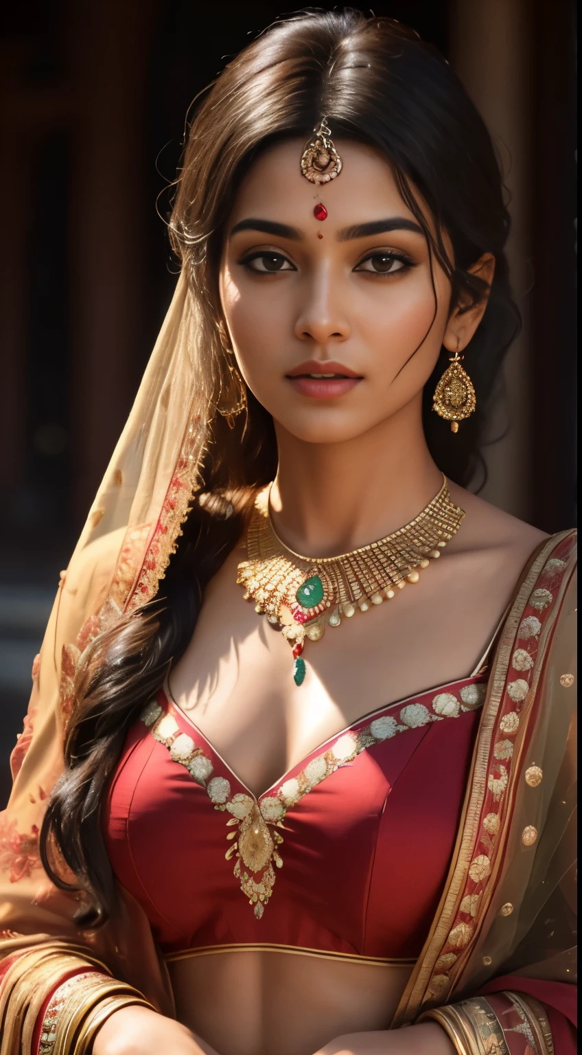 matured Indian female, 28-year-old, red top, gentle lighting, intricate facial details, flawless complexion, top-notch 3D rendering, hyper-realistic, shot on Indian road. photorealistic digital art trending on Artstation 8k HD high definition detailed realistic, detailed, skin texture, hyper detailed, realistic skin texture, armature, best quality, ultra high res, (photorealistic:1.4),, high resolution, detailed, raw photo, 400 camera f1.6 lens rich colors hyper realistic lifelike texture dramatic lighting unrealengine trending on artstation cinestill 800