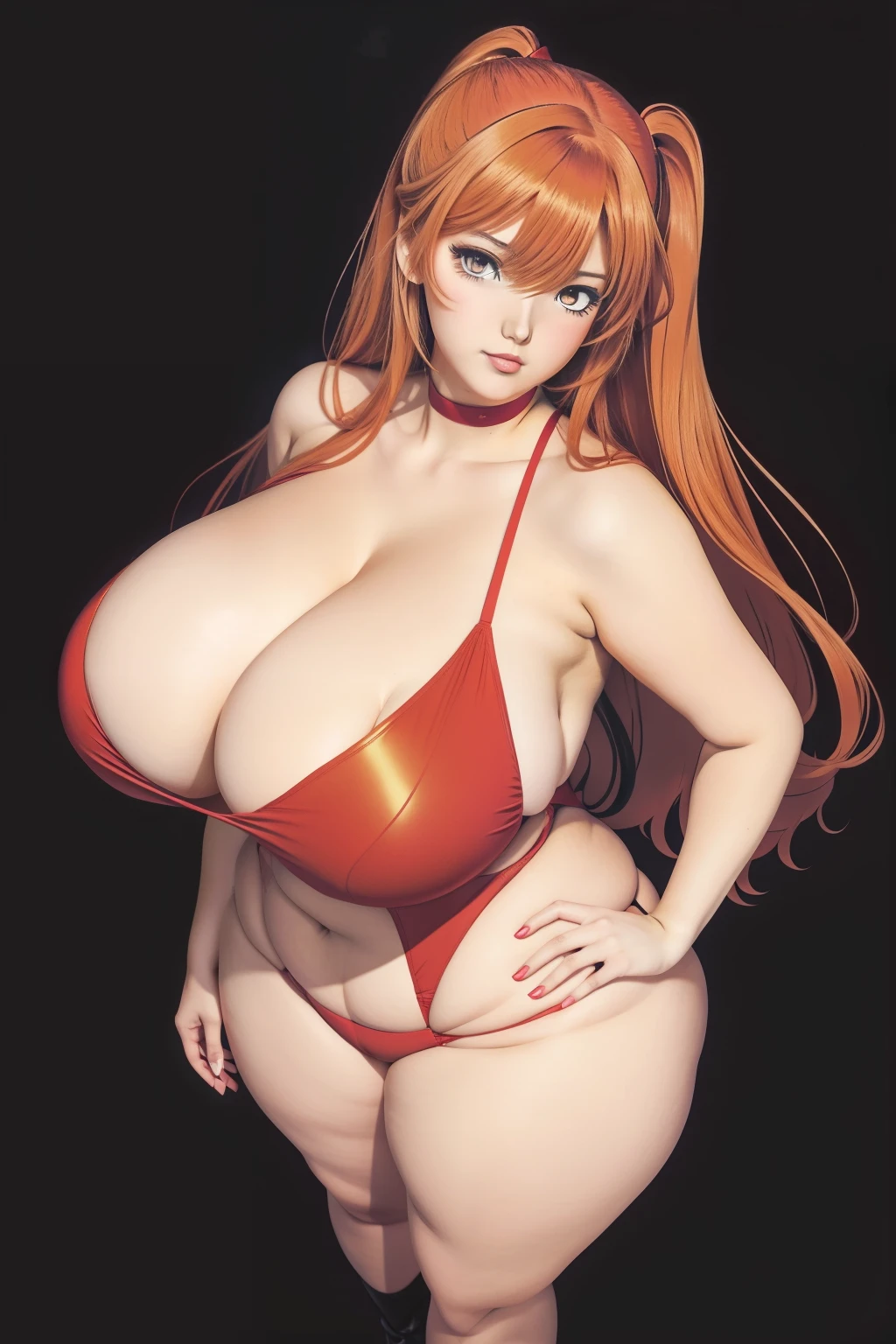 Full body portrait photo of anime bbw girl in red bikini with long hair and big breasts, very fat curvy body, wide waist and wide hips, rounded and beautiful face, very similar portrait of Asuka Langley Soryu, Asuka Langley, female anime character, beautiful girl from Evangelion, style of Junji Ito, Asuka from Evangelion, Cel shaded anime