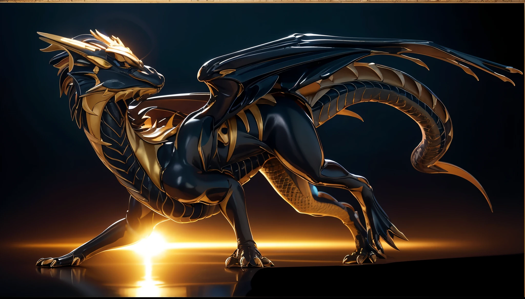 dragon,拟人化的dragon,凶猛的dragon,portrait,metal color,Full of metallic texture,All black,Golden scales,Detailed scales,blue eyes,smooth skin,White snow,Snow-capped mountains,The background is sunny,clear sky,black latex,Full body latex set,Full body in latex,Raise your paws high,Golden paws,single light source,looking at the audience,Light from the bottom