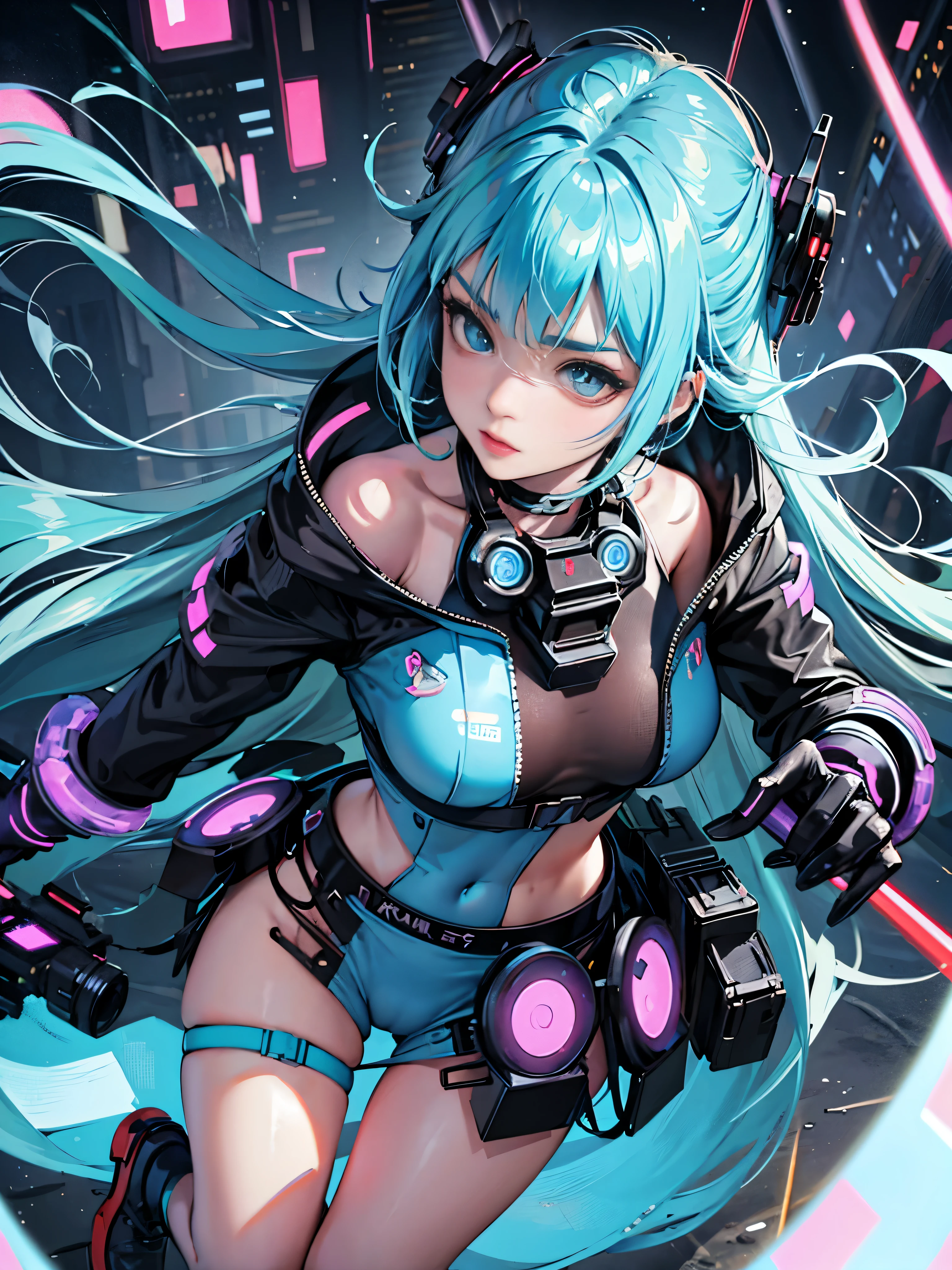 pop culture art,manga,Female NSFW Cyborg,erotic pose,fantasy,hentai,cute,stylish,,Big breasts, pubic hair,Glamour,Sky blue tones,psychedelic costume,armored,cyberpunk dystopian girl,fantasy dystopia,Dystopian landscape,blade runner,ghost in the shell,realistic,Psychedelic and colorful tones,take a pose,armsを構えて,gun,arms,table top,ultimate details,8K,detailed background