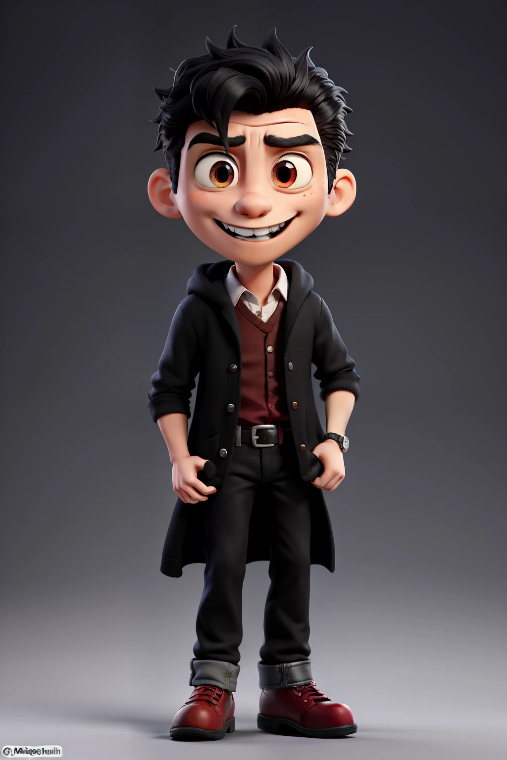 masterpiece in ultra-detailed Pixar style: a chibi male Dracula with black hair and red eyes, standing with a charming smile and full-body figure, wearing a black hoodie and jeans. His surroundings are adorned with a surreal and illusory rose flower carpet. Top-quality and 8k resolution bring the details of his big, captivating eyes and the intricacies of the engine on his blind box figure to life.
Or:
A masterpiece of top-quality animation portrays a chibi Dracula with black hair, red eyes, and a charming smile. He stands proudly with his full-body figure, dressed in a black