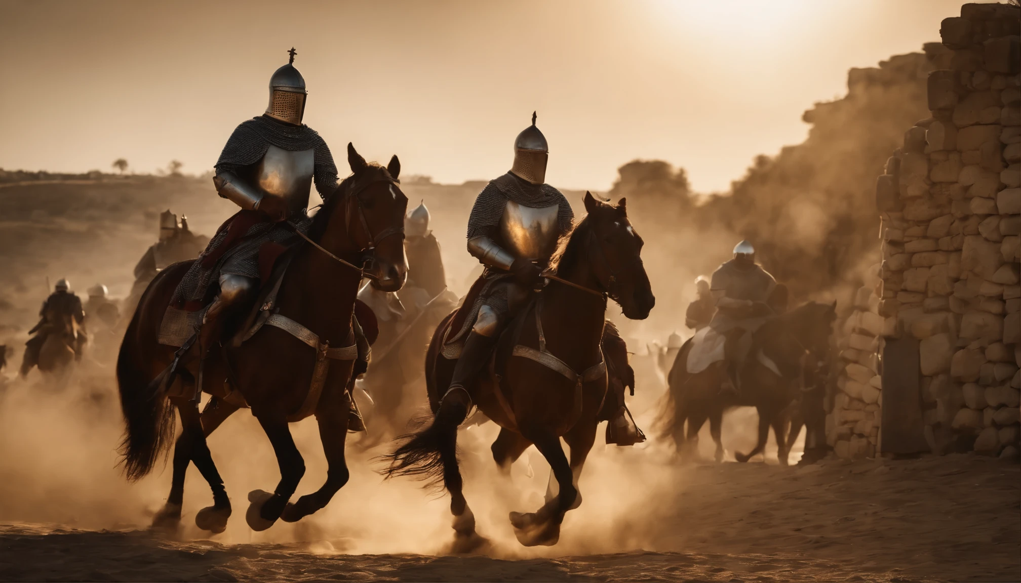 Realistic photo of crusaders in Palestine during the 12th century, best quality, 4k, highres, ultra-detailed, photorealistic:1.37, HDR, studio lighting, extreme detail description, professional, vivid colors, bokeh, oil painting, portraits, medieval, battle, dusty terrain, war horses, armored knights, chainmail armor, decorated shields, majestic castles, tall stone walls, pointed helmets, tattered banners, glinting swords, cross-shaped pendants, spears, lances, courage, determination, intense expressions, strategic positions, conflict, tension, sun-drenched sky, golden sunlight, dramatic shadows, flickering torches, historical accuracy, epic atmosphere.