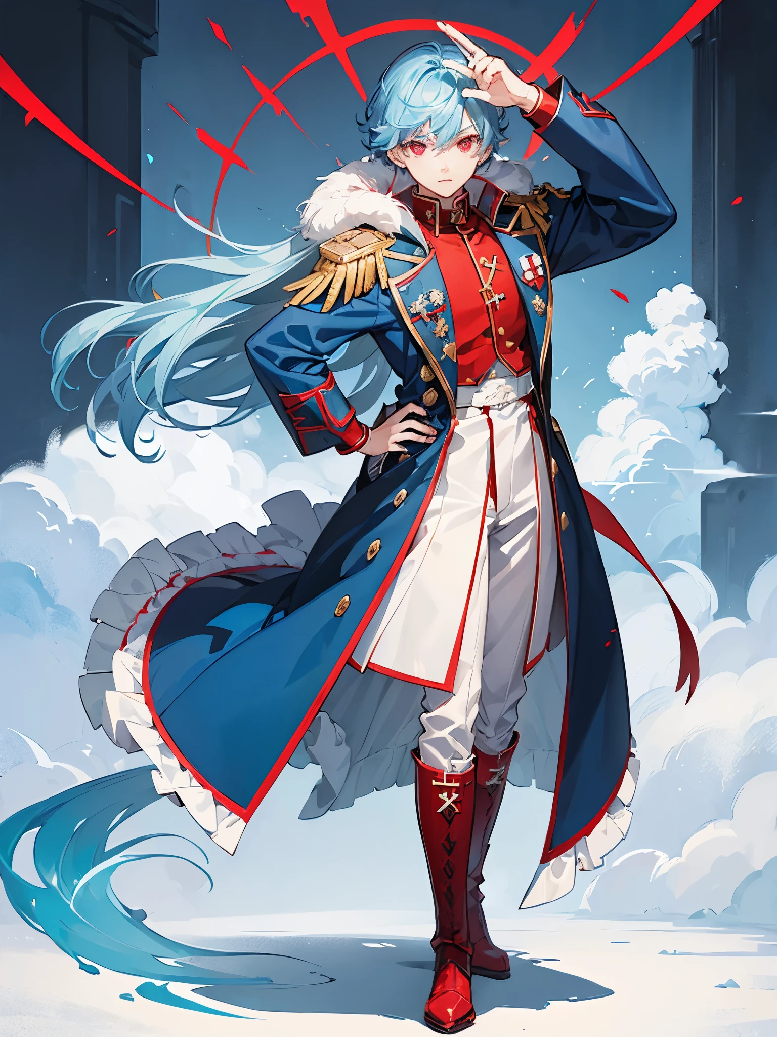 ((a boy)), powder blue hair, ((scarlet red eyes)), ((idol clothes)), ((Cross-dressing)), long boots, ((Beautiful boy)), ((individual)), ((dress)), military coat