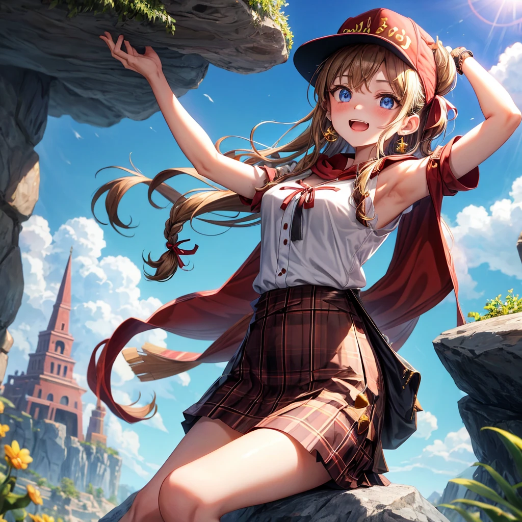 reddish-brown blonde、blue eyes、Braid、ponytail、one good looking girl、solo、anime、Plaid miniskirt、the skirt has buttons、camisole、black t-shirt、dress、Doing the ribbon、Ribbon at waist、cloak、Crystal Grotto、hood、desert、clouds are swirling、stone slabs are piled up、One hand is raised、Wearing a baseball cap 、crystal earrings、sun、sitting、gold coin、teeth are visible、Waist Pouch