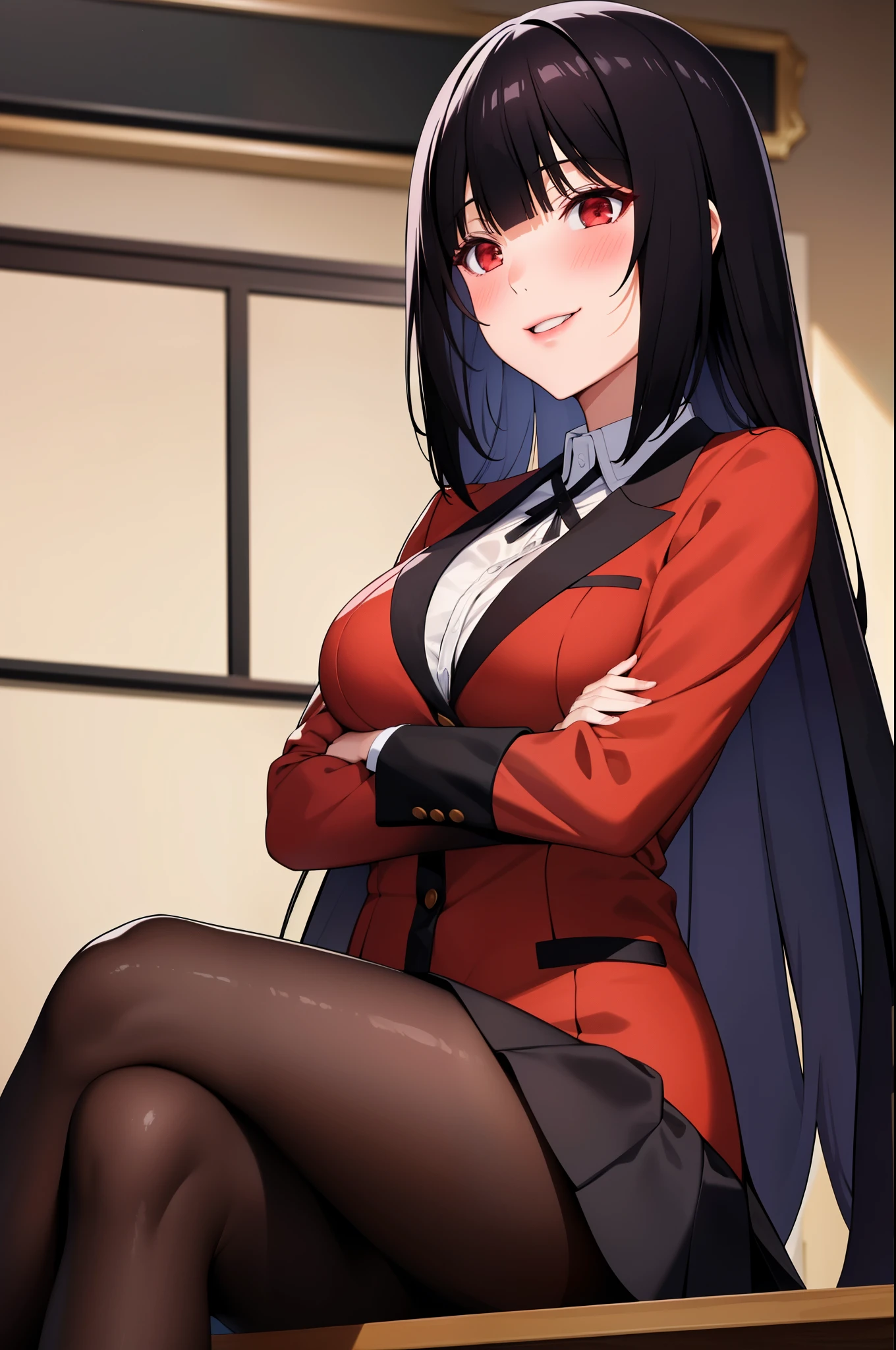 masterpiece, best quality, highres, hmjy1, long hair, blunt bangs, school uniform, red jacket, black pantyhose, white shirt, black ribbon, pleated skirt, long sleeves, cowboy shot, glowing eyes, blush, evil smile, sitting, classroom, dark background, crossed legs,
