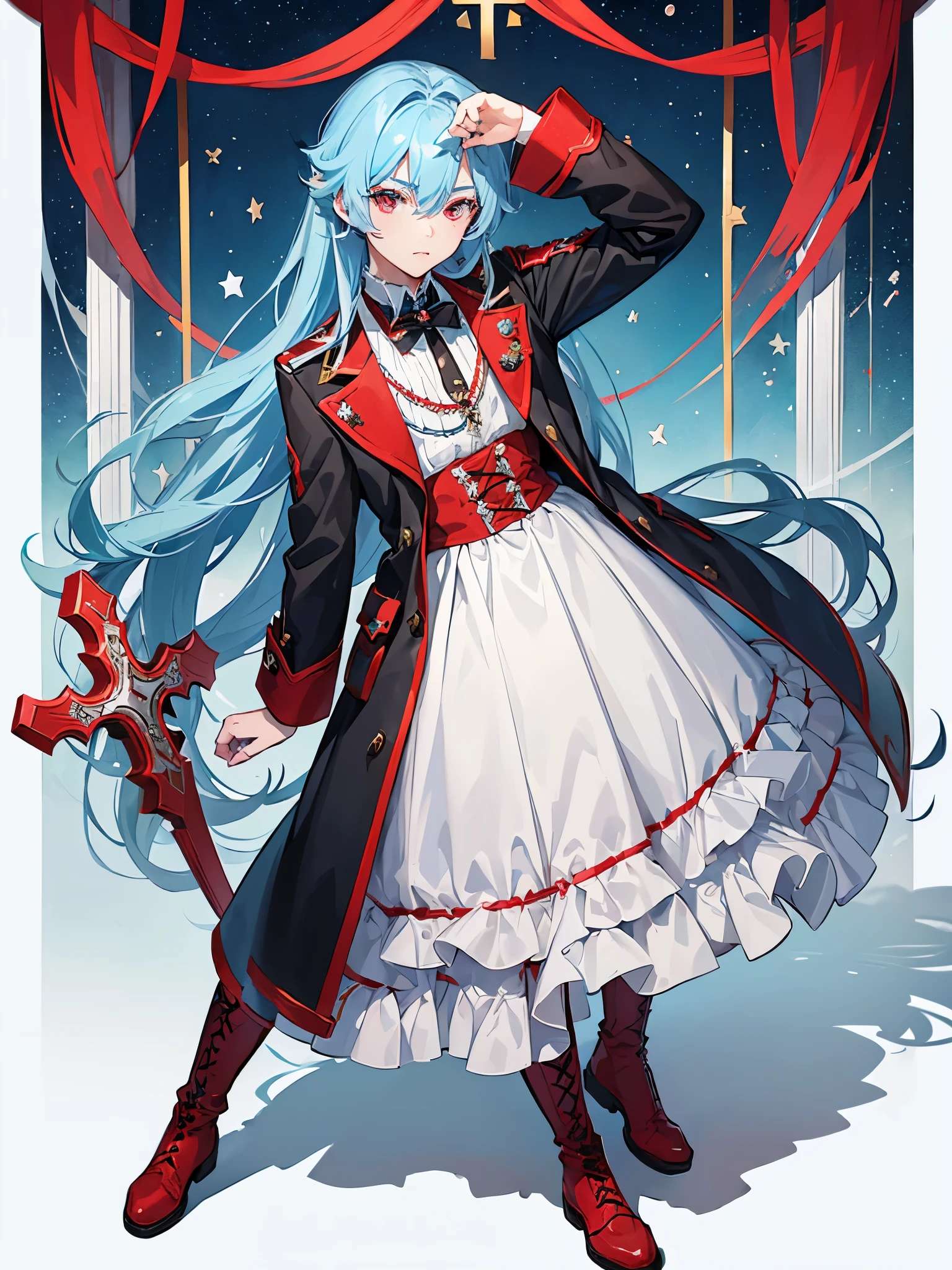 ((a boy)), powder blue hair, ((scarlet red eyes)), ((idol clothes)), ((Cross-dressing)), long boots, ((Beautiful boy)), ((individual)), ((dress)), military coat