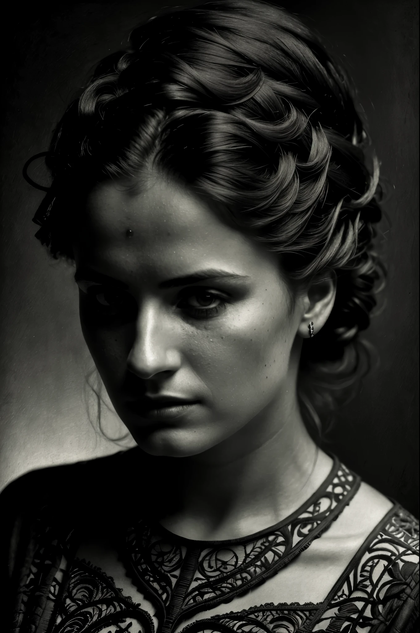 professional photograph of a frugal and mesmerizing female by Fabio Hurtado and Nikolina Petolas and alfred stieglitz , bold lines, hyper detailed, dark limited palette, dramatic lighting, (intricate details, masterpiece, best quality:1.4),