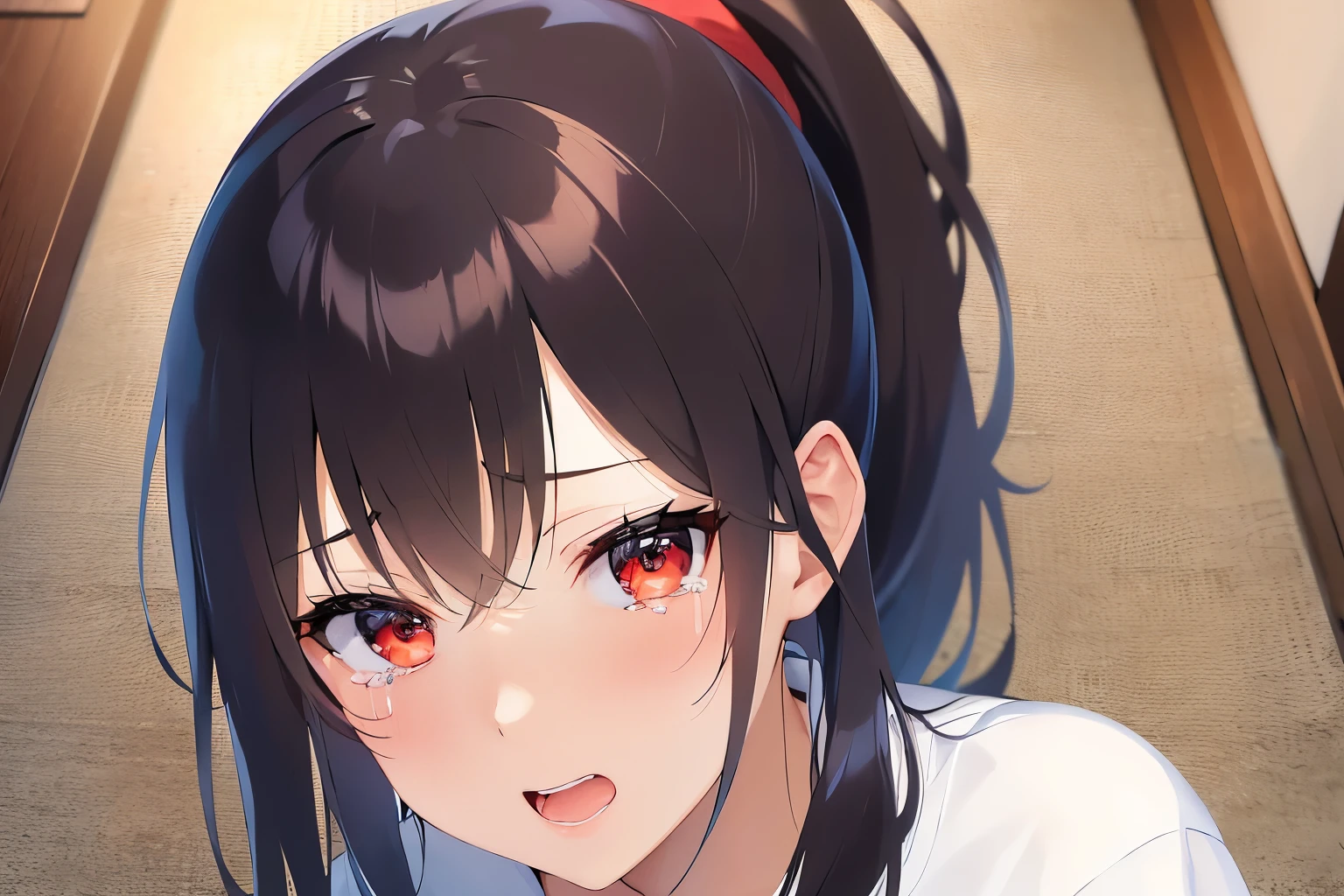 Anime girl with long black hair and red eyes looking at camera - SeaArt AI