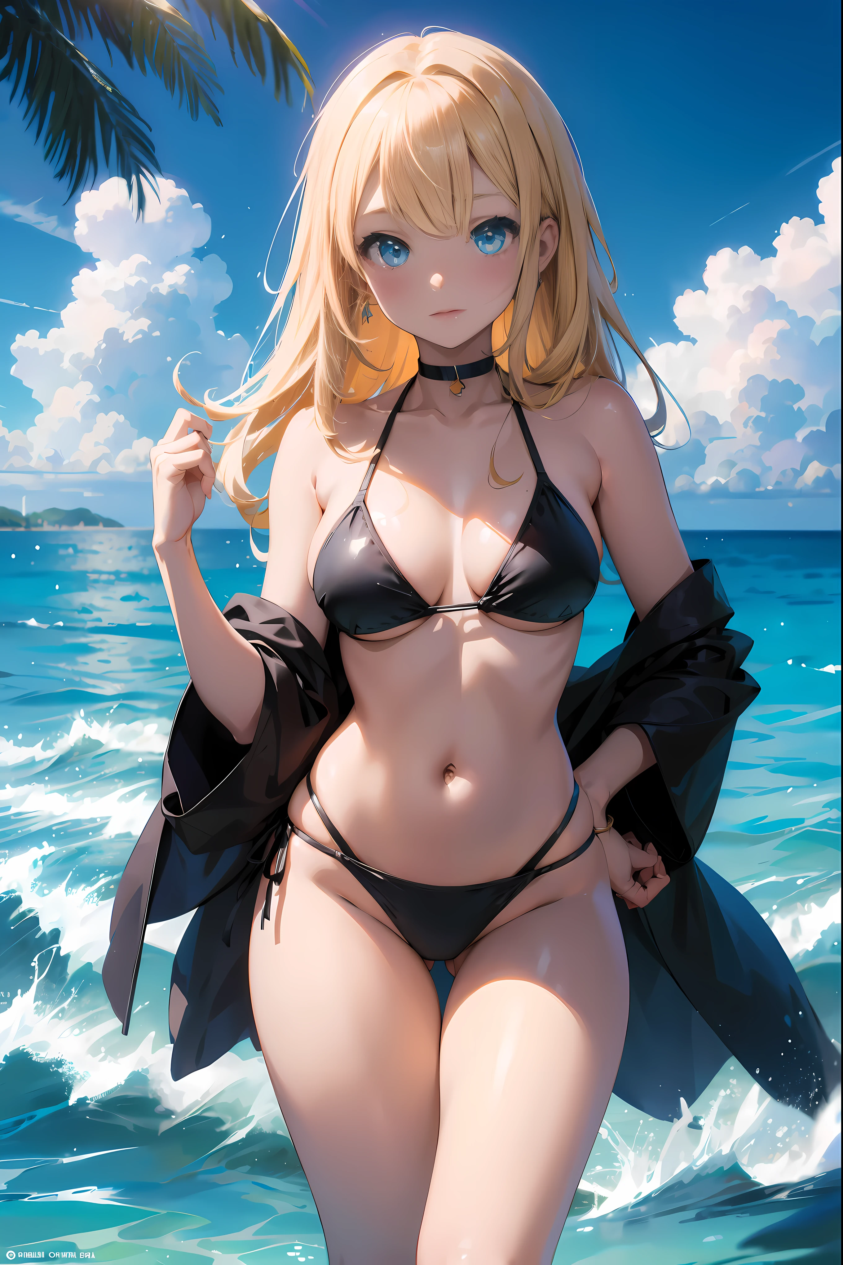 anime character, girl, 18 years old, improve, black skin, blonde hair, blue eyes, white bikini, at the beach, 4K