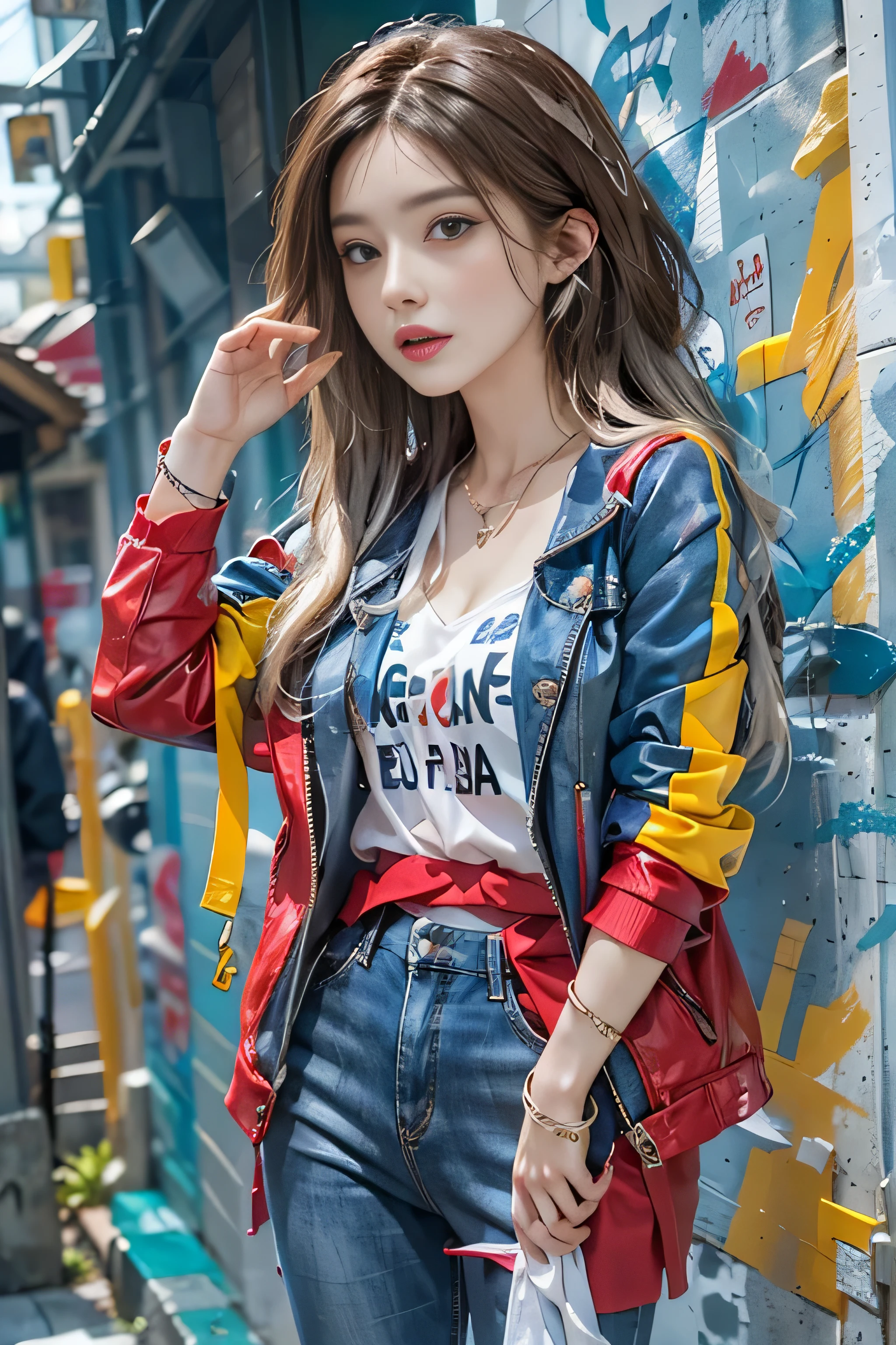 realistic, High resolution, colorful, color splash, splash, 1 girl, alone, hip up, beautiful eyes, rainbow hair, Medium chest, T-shirt, Blue pants , red jacket, street wear, bracelet,elegant necklace, elegant diamond earrings, fashion magazine