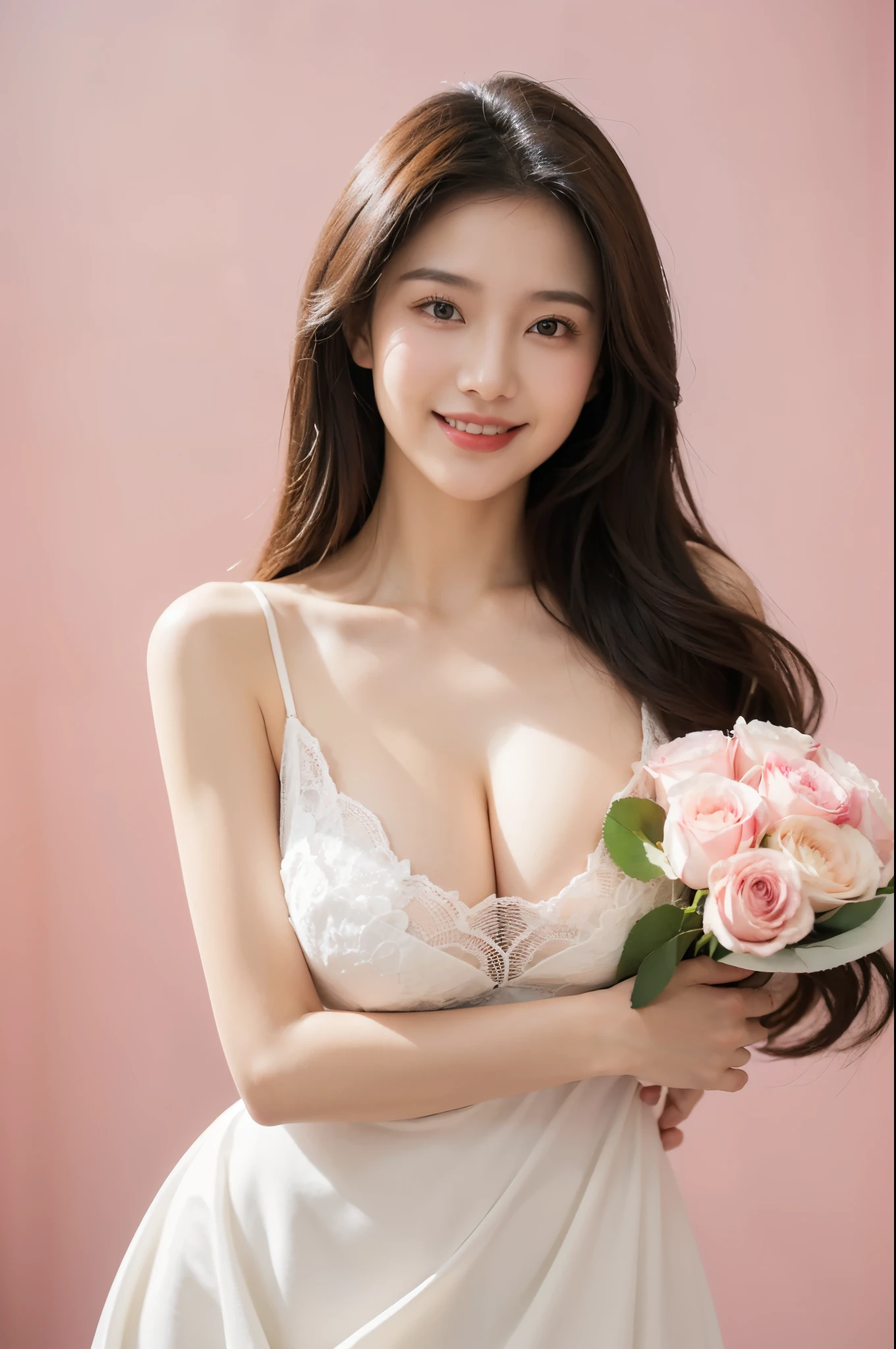 front view,cute,smile,Superior Quality, Masterpiece, beautiful hand,Ultra High Resolution, (big breast),(Photorealistic: 1.4),Portrait of a sexy young woman wearing white sexy dresses inside pink studio room with lots of flowers, she is holding a bundle of roses to celetrate valentine's day,valentine style,plain background,front view