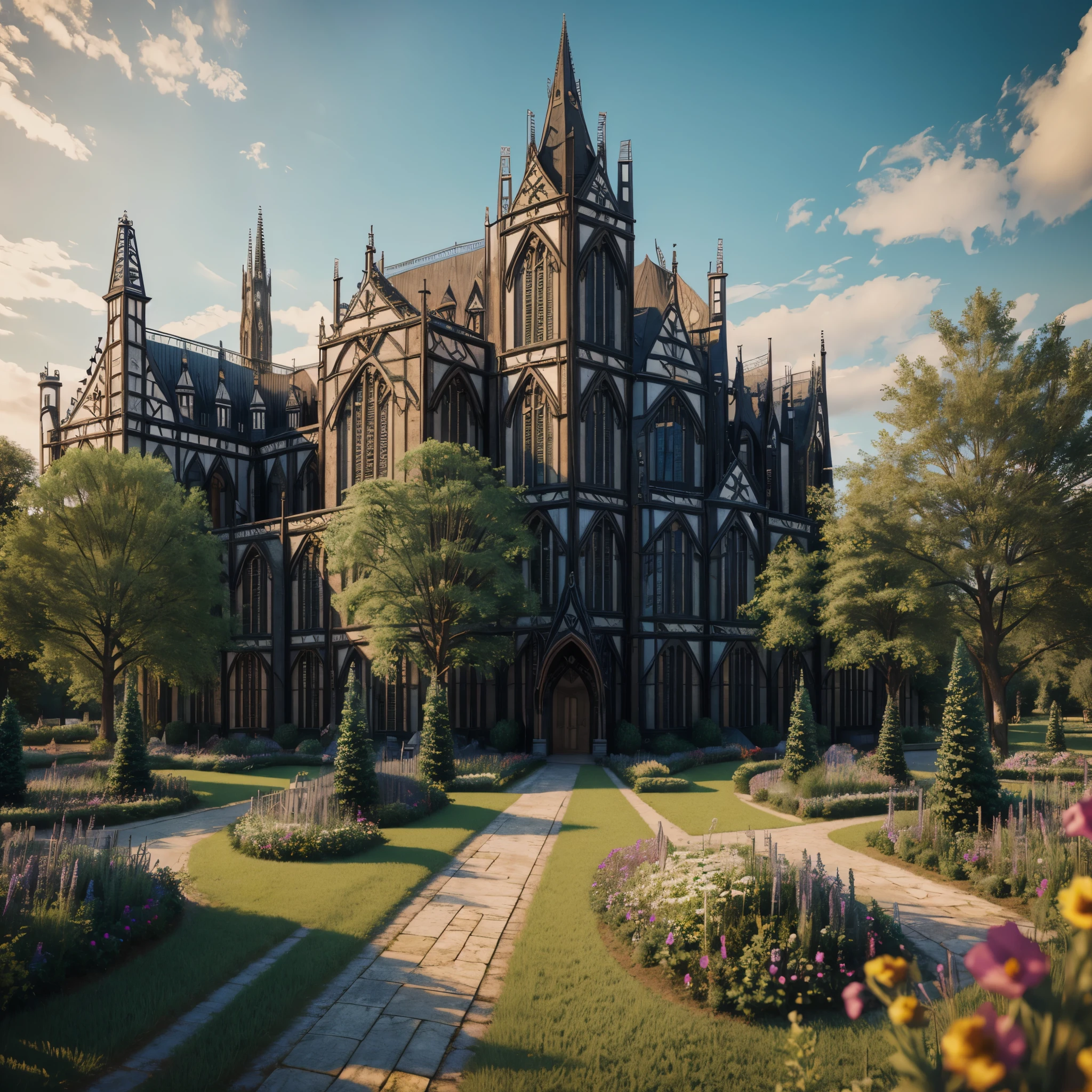 Landscape with buildings, (Anglo Gothic:1.6), hyper realistic, 8k, vibrant colors, sharp image
