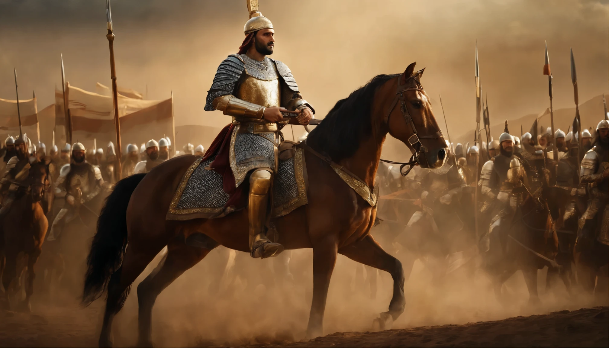 best quality,4k,8k,highres,masterpiece:1.2,ultra-detailed,realistic:1.37,Khalid ibn-al-walid,the most skilled warrior on the battlefield,brilliant tactician,warrior,hero,masterful strategy,sharp instincts,unmatched combat skills,valiant knight,unyielding determination,undefeated champion,swordsmanship,master marksman,fearless leader,victorious conqueror,mighty conqueror,legendary general,astute decision-making,strategic genius,extraordinary leadership,brave commander,fear-inspiring presence,battles,Muslim army,fierce battles,deadly encounters,war-torn landscapes,thunderous clash of swords,dramatic battlefield,intense fight scenes,war-ravaged fields,heroic battles,thousands of soldiers,adversaries shaking in their boots,daunting enemies,unstoppable force,unbreakable spirit,warrior's spirit,brilliant mind,warrior's heart,splendid valor,determined gaze,ferocious attack,strategically positioned troops,commanding presence,triumphant victories,war drums thundering,war banners waving,proud and noble stance,military genius,commanding the battlefield,similar to Alexander the Great,master of war

Note: Remember not to include any explanations and there is no need to explain the meaning of the prompt.