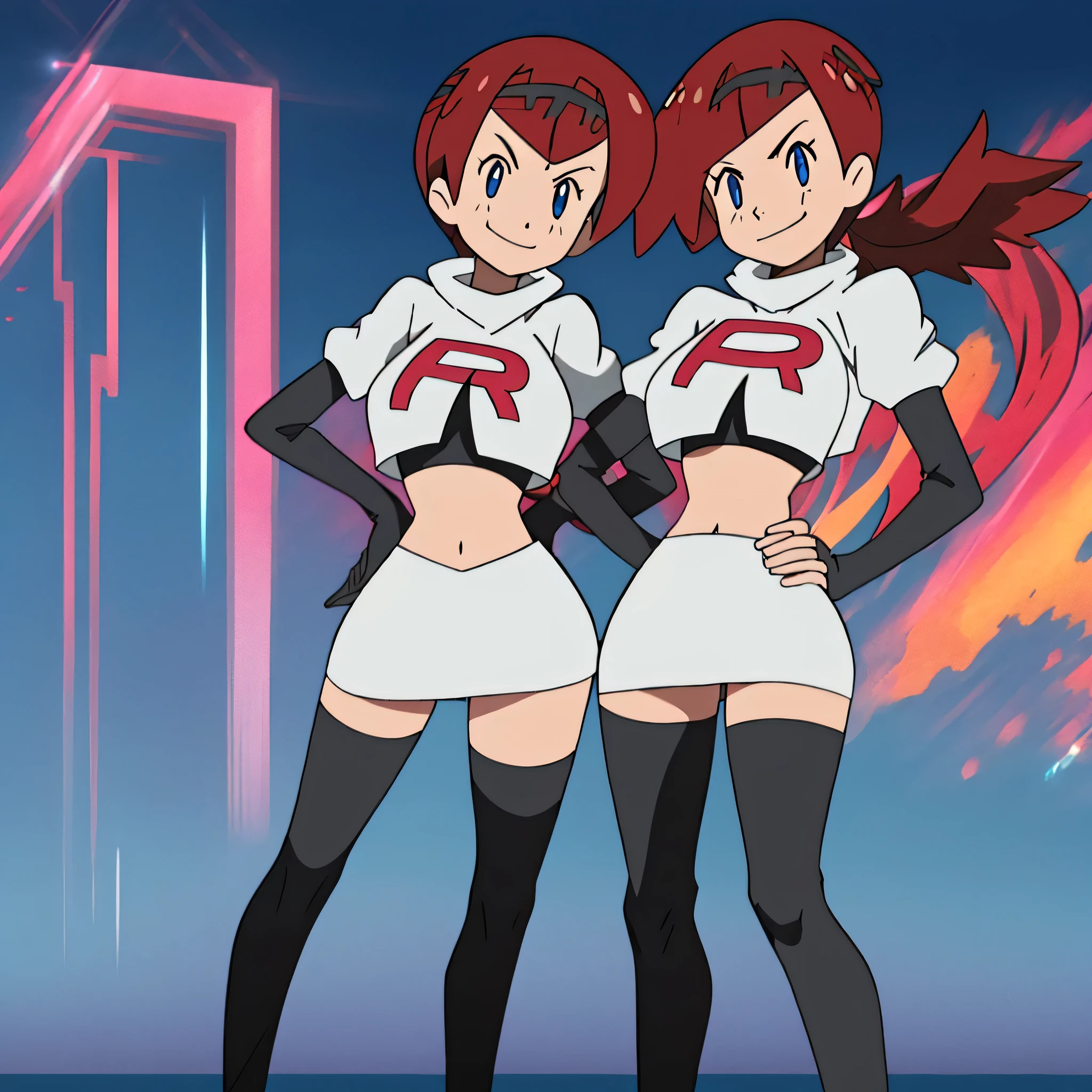 8k, anime screencap,1girl in, (solo:1.1), (perfect body:1.1), (best quality:1.1), very large breast, team rocket uniform, red letter r, white skirt,white crop top,black thigh-high boots, black elbow gloves, evil smile, looking down at viewer, hands on hips,zettai ryouiki,