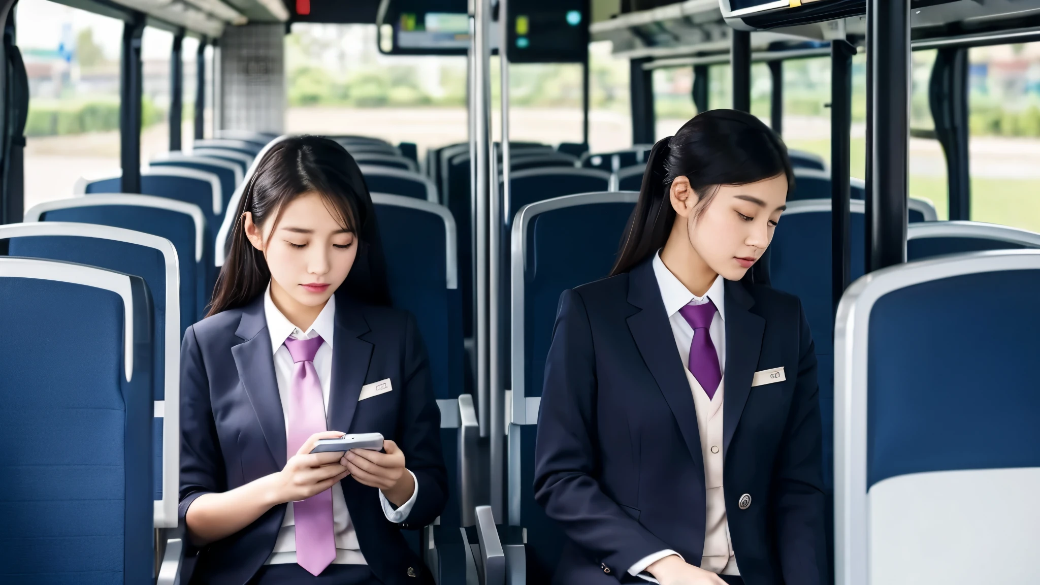 A pretty chinese girl in formal working uniform with a tie, she sit inside a modern bus with soft seat, she is using her phone. There are also other people in the bus looking