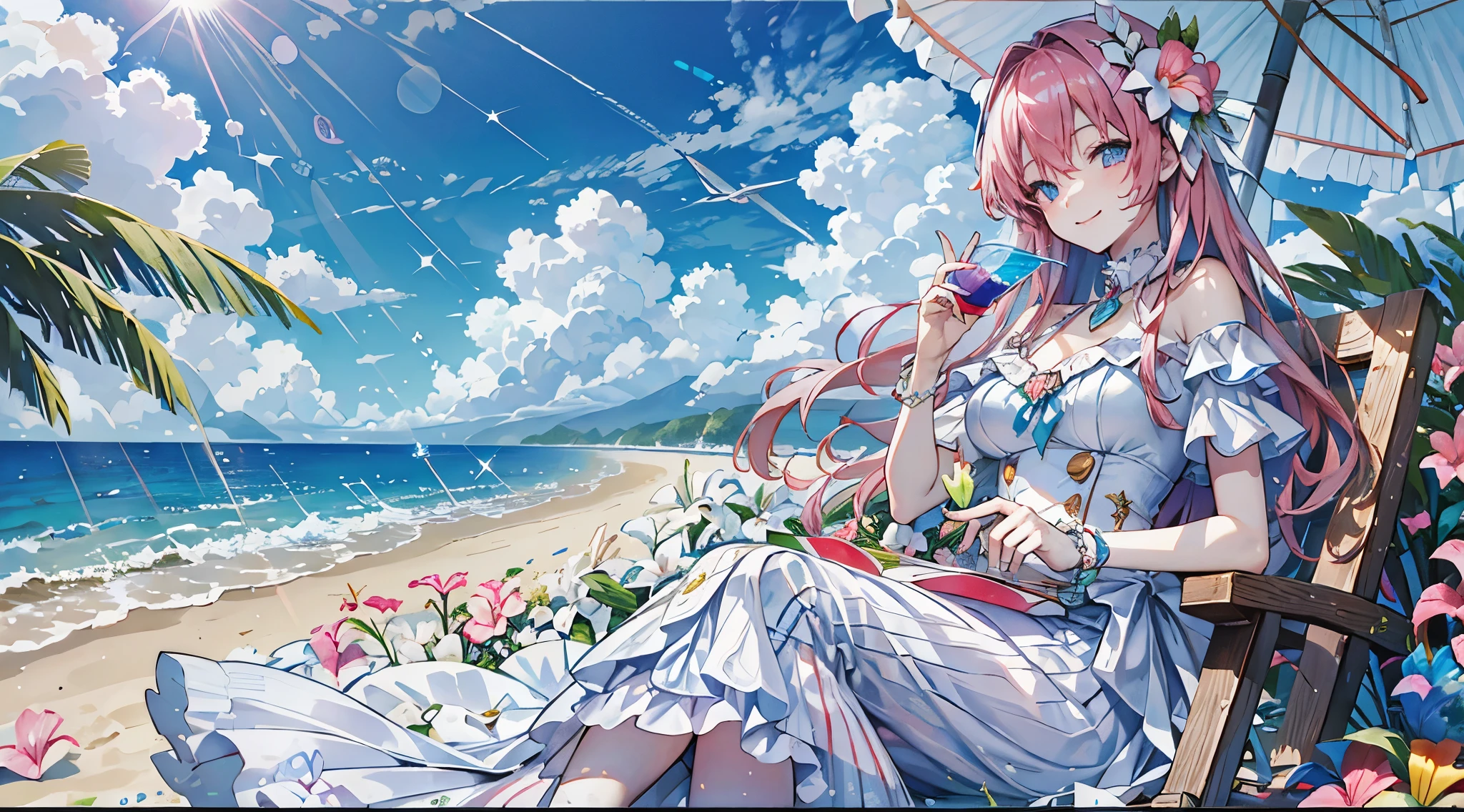 highest quality、8k、Dorothy/(goddess of victory nikke)/、girl、pink hair、long hair、white dress、Ocean、tropical country、Smile、wearing sunglasses、vacation、under the shade、drinking juice、Beach parasol、have a cup