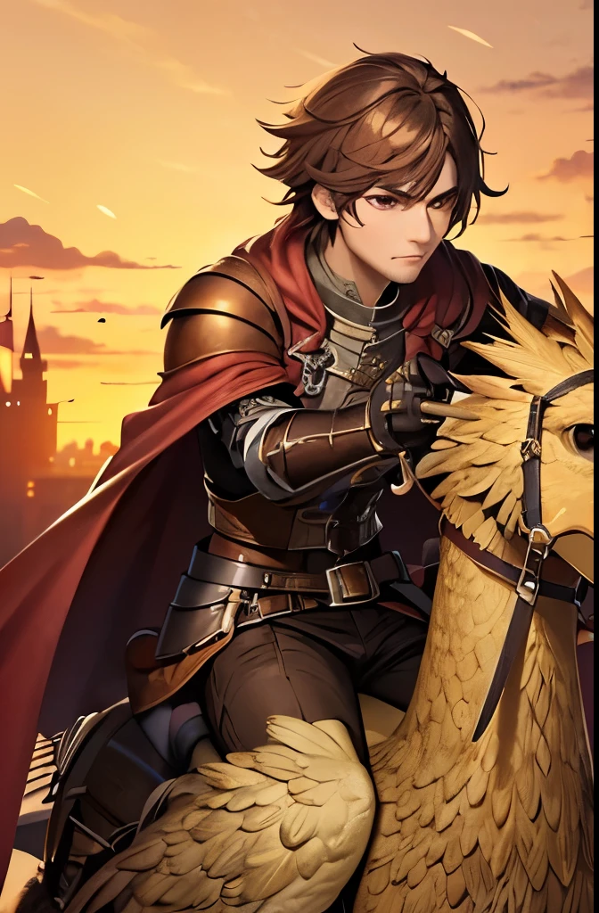 riding chocobo, chocobo
chocobo, young adult man, short curly brown hair, medieval knight armor, wielding a long sword and shield, fiery gothic castle background, flowing red cape, fighting pose, close portrait, style of final fantasy 14, heroic, dragon fire, brown eyes, handsome face, serious look, brown hair