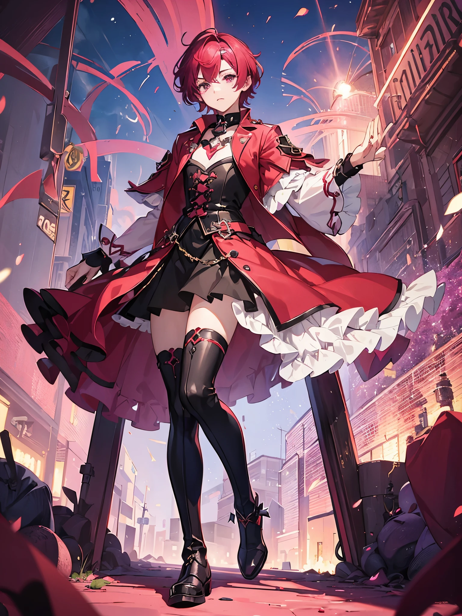 ((a boy)), scarlet hair, ((magenta eyes)), ((idol clothes)), ((Cross-dressing)), long boots, ((Beautiful boy)), ((individual)), ((dress))