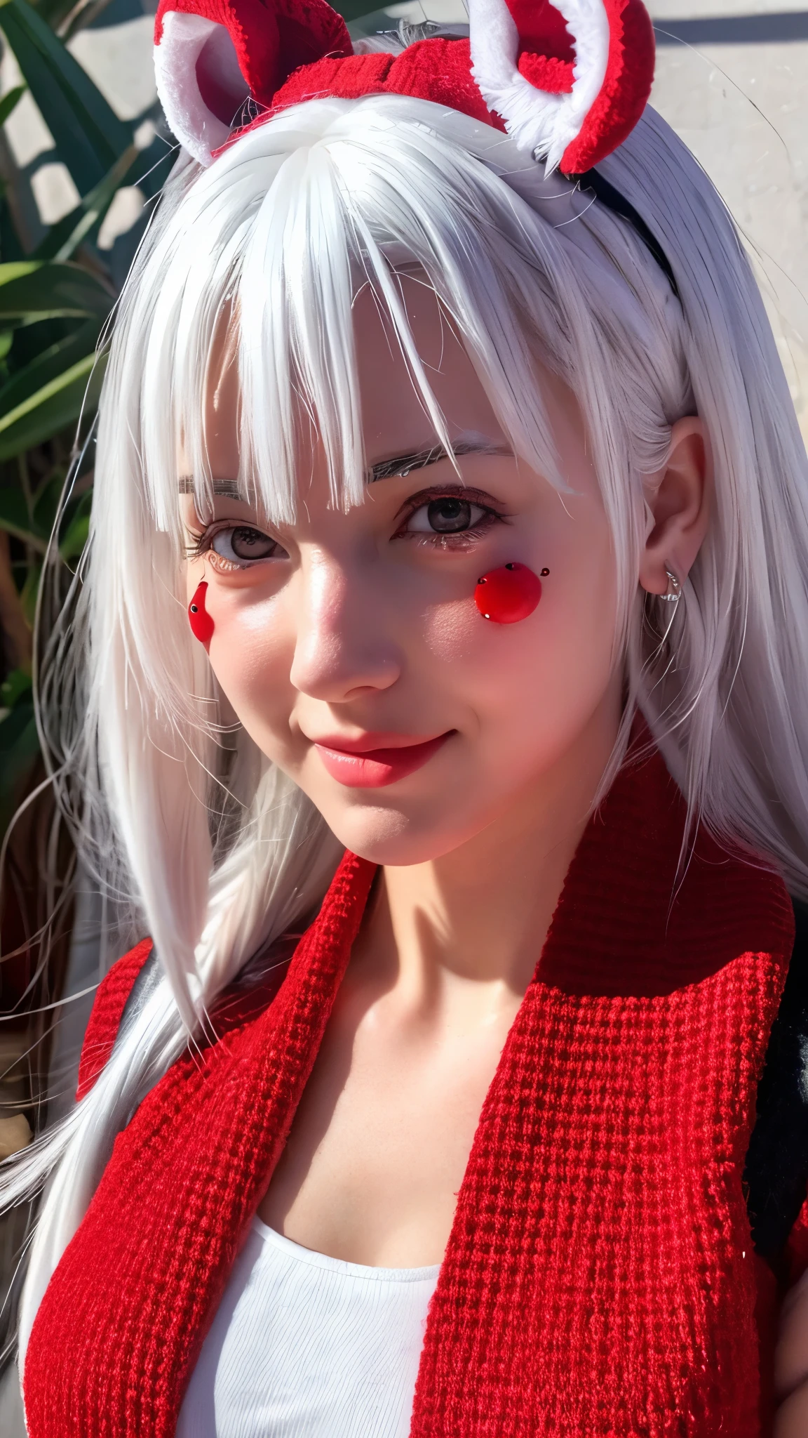 Cute anime girl with white hair and red eye with big 