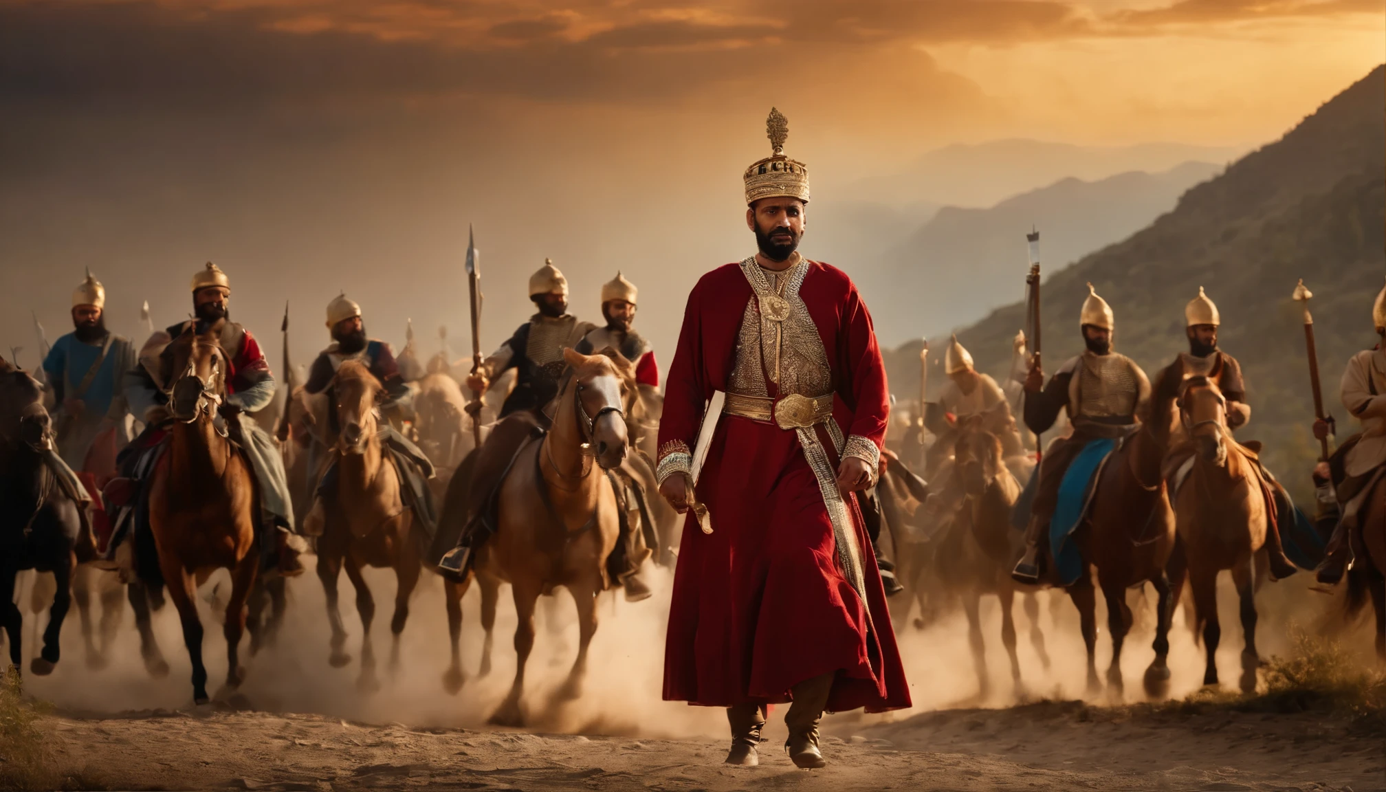 (realistic,photo-realistic:1.37), detailed portrait, sultan Mahmud b. Muhammad, declaring holy war, Georgia in 1121, confident expression, elaborate golden crown, embroidered robe, ornate sword, royal decree, army of soldiers marching, Georgian landscape, mountainous backdrop, dramatic lighting, vibrant colors, historical scene