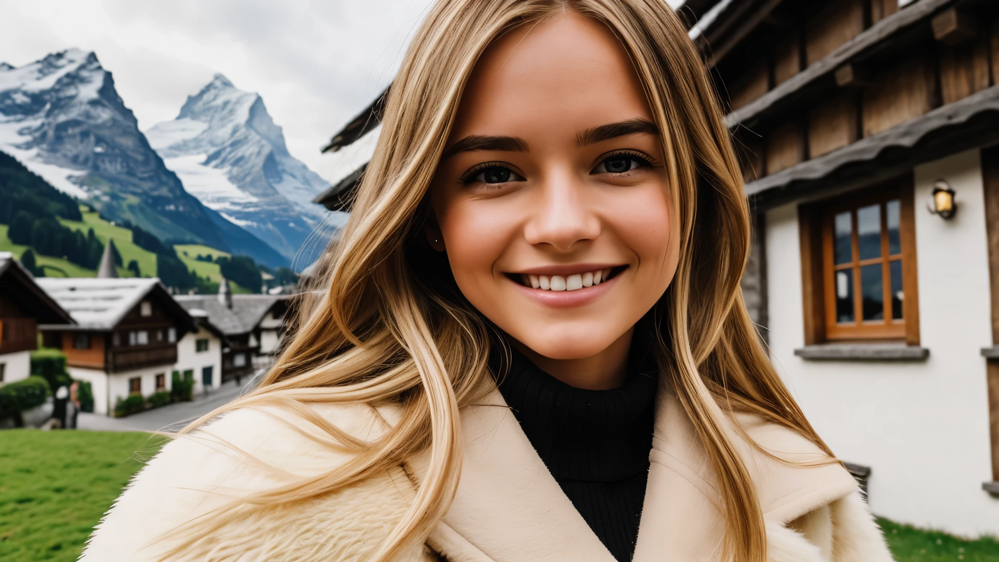 Instagram pictures, 1 girl, Shoulder length hair, light blonde hair, Close-up photo, coat, The background is the village of Grindelwald....., Switzerland, smile a little,