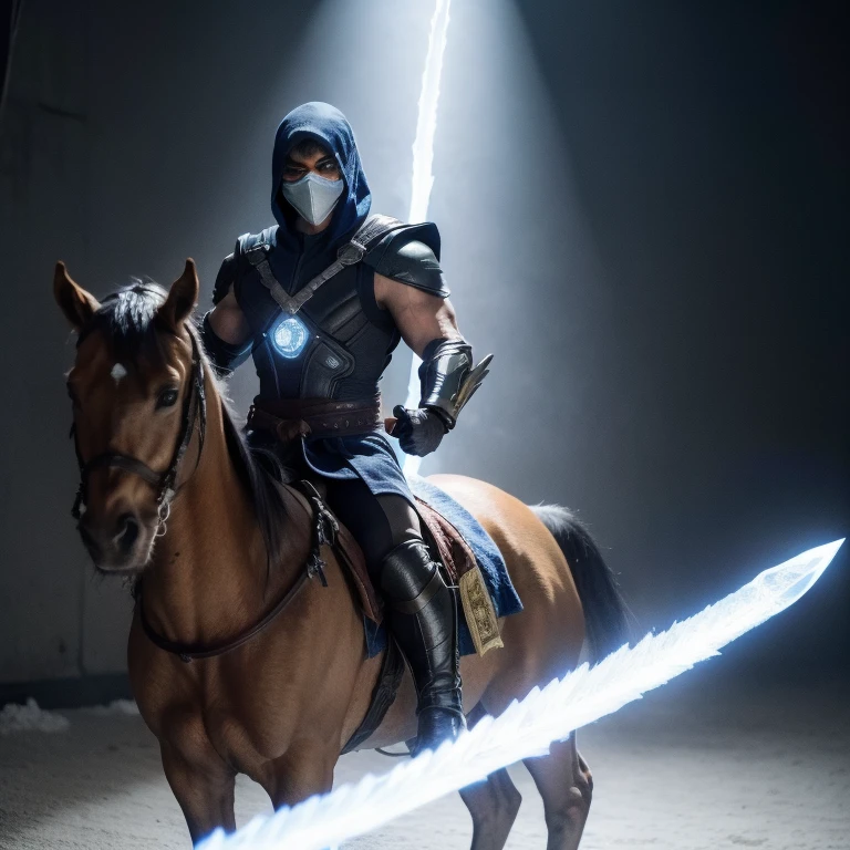 Obra prima, Roboto, sub zero mortal Kombat, holding in his hands an ice sword, montado em cavalo de gelo , olhos de fogo tipo vagantes do gelo ultra realista 8k , full length shot