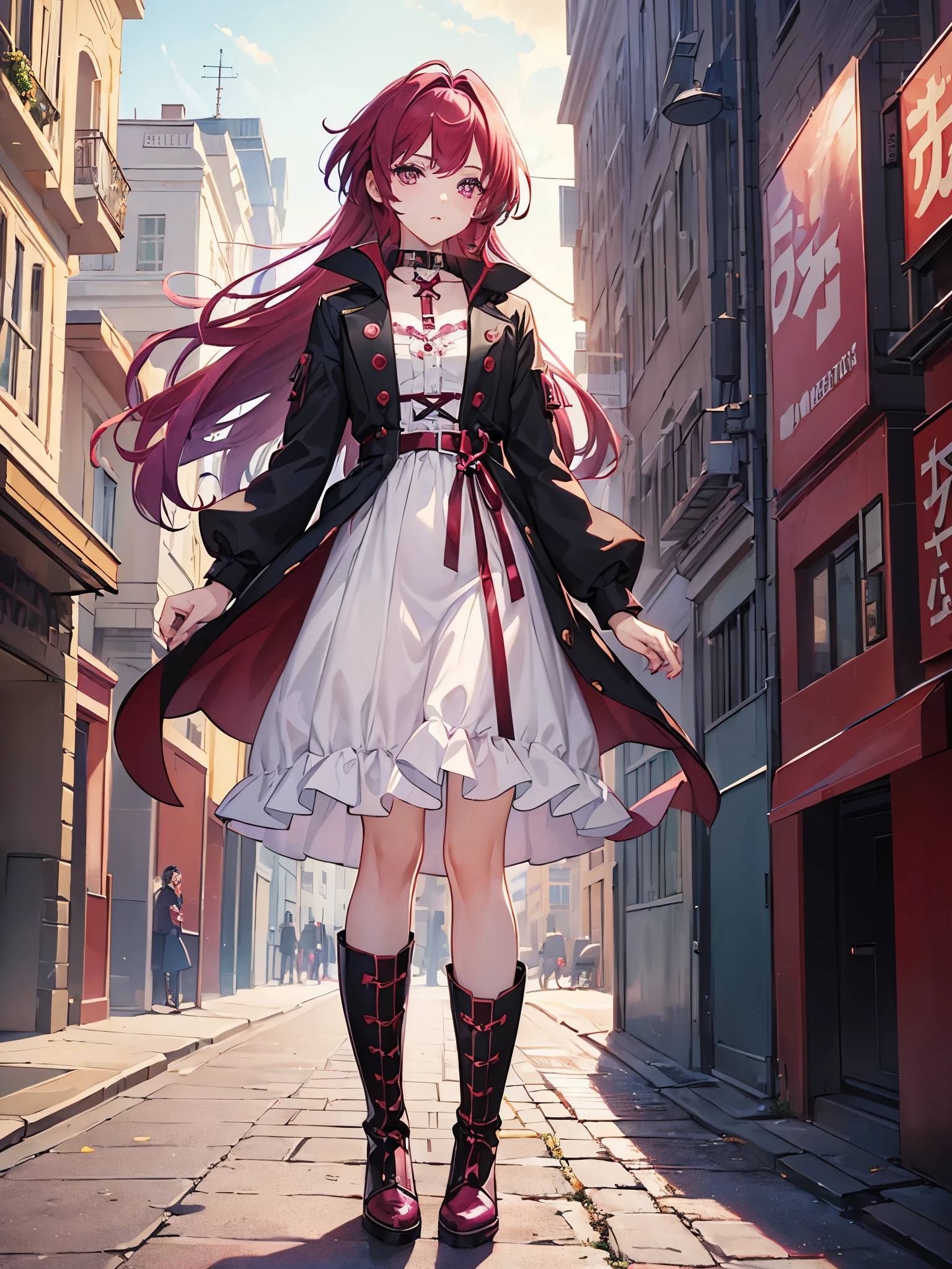 ((a boy)), scarlet hair, ((magenta eyes)), ((idol clothes)), ((Cross-dressing)), long boots, ((Beautiful boy)), ((individual)), ((dress))