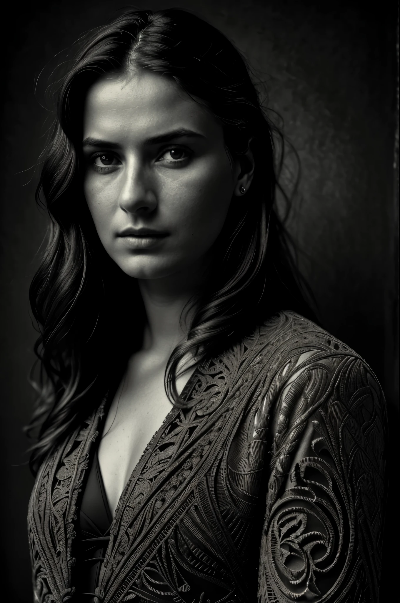 professional photograph of a frugal and mesmerizing female by Fabio Hurtado and Nikolina Petolas and alfred stieglitz , bold lines, hyper detailed, dark limited palette, dramatic lighting, (intricate details, masterpiece, best quality:1.4), russian woman sharapova face model