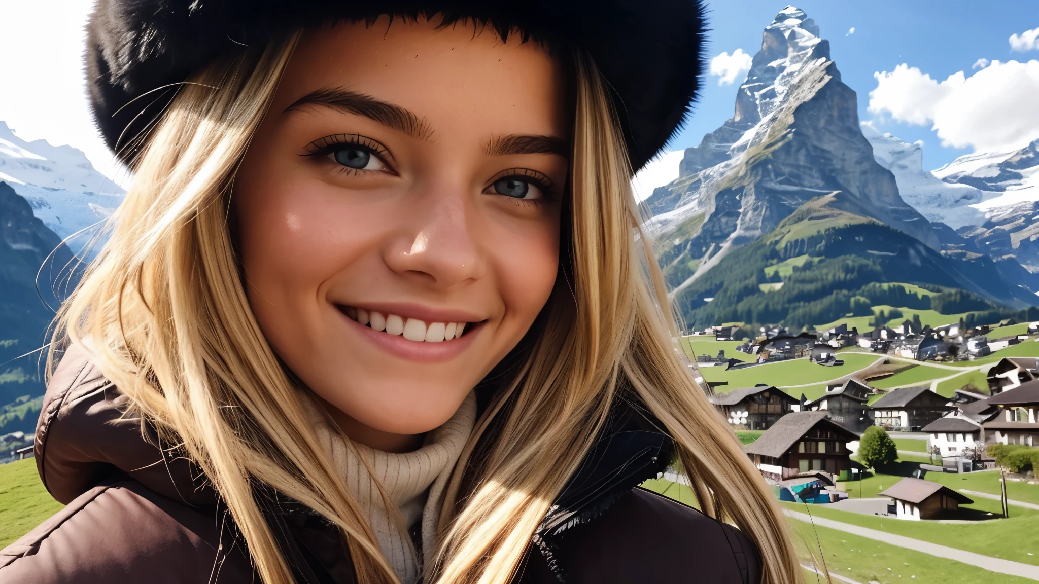 Instagram pictures, 1 girl, Shoulder length hair, light blonde hair, Close-up photo, coat, The background is the village of Grindelwald....., Switzerland, smile a little,