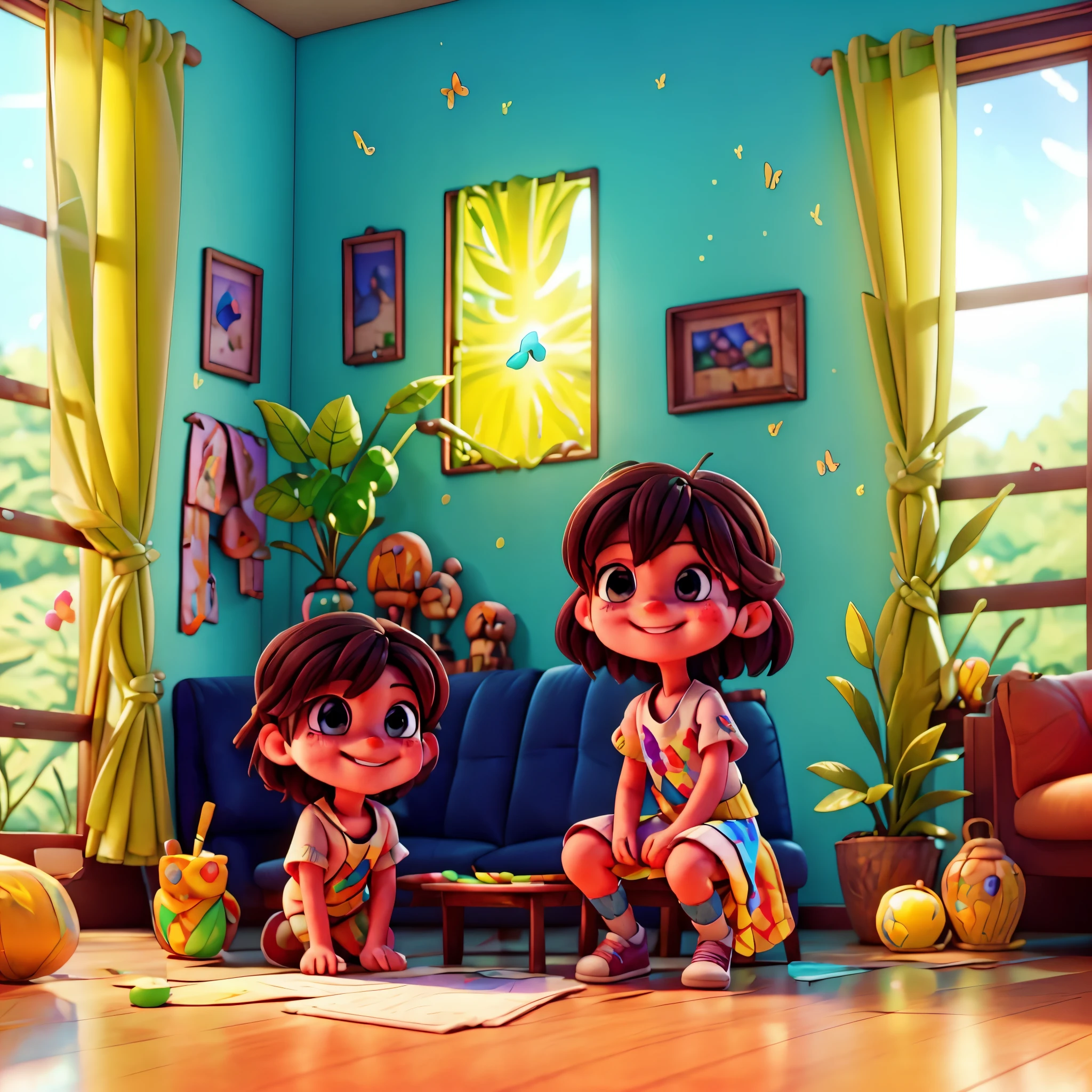 Nebula starry_sky Day sunset epic sunrise spacious sunshine, Boy: Miguel, approximately , short Disney style hair, brown eyes and smiling. Girl: Giovana, 2 years oldk hair and blue eyes. Scenario: Miguel and Giovana are in a cozy little house in the valley, in the background a sunny day, highlighting the sun. Unrealengine5 ultra masterpiece ❤ meticulously intricate ultra_high-details ultra_high-def ultra_high-res ultra_high-quality optimal ultra_sharpness ultra_Pro-photo-realistic cgi vfx sfx reflex Octane_rendered extreme improved UHD focus XT3 accurate DSLR HDR romm rgb pbr 3dcg fxaa blay vivid colors-coded anti-aliasing fkaa txaa rtx ssao opengl-shaders glsl-shaders post-processing post-production cell-shading tone-mapping perfection volumetric Lightning contrast Cinematic moonlight backlight global illumination sunflower luminescence Crystalline invoke magic monarch monstrous creature sundrop onyx summon transparent ruby Tourmaline pearl opal fleuraison monster butterfly reflection strange glow lazuli flash Earth saturate hearth blooms floraison Tattoo half-naked nsfw varies multi etc. --v 6 --s 1000 --c 20 --q 20 --chaos 100