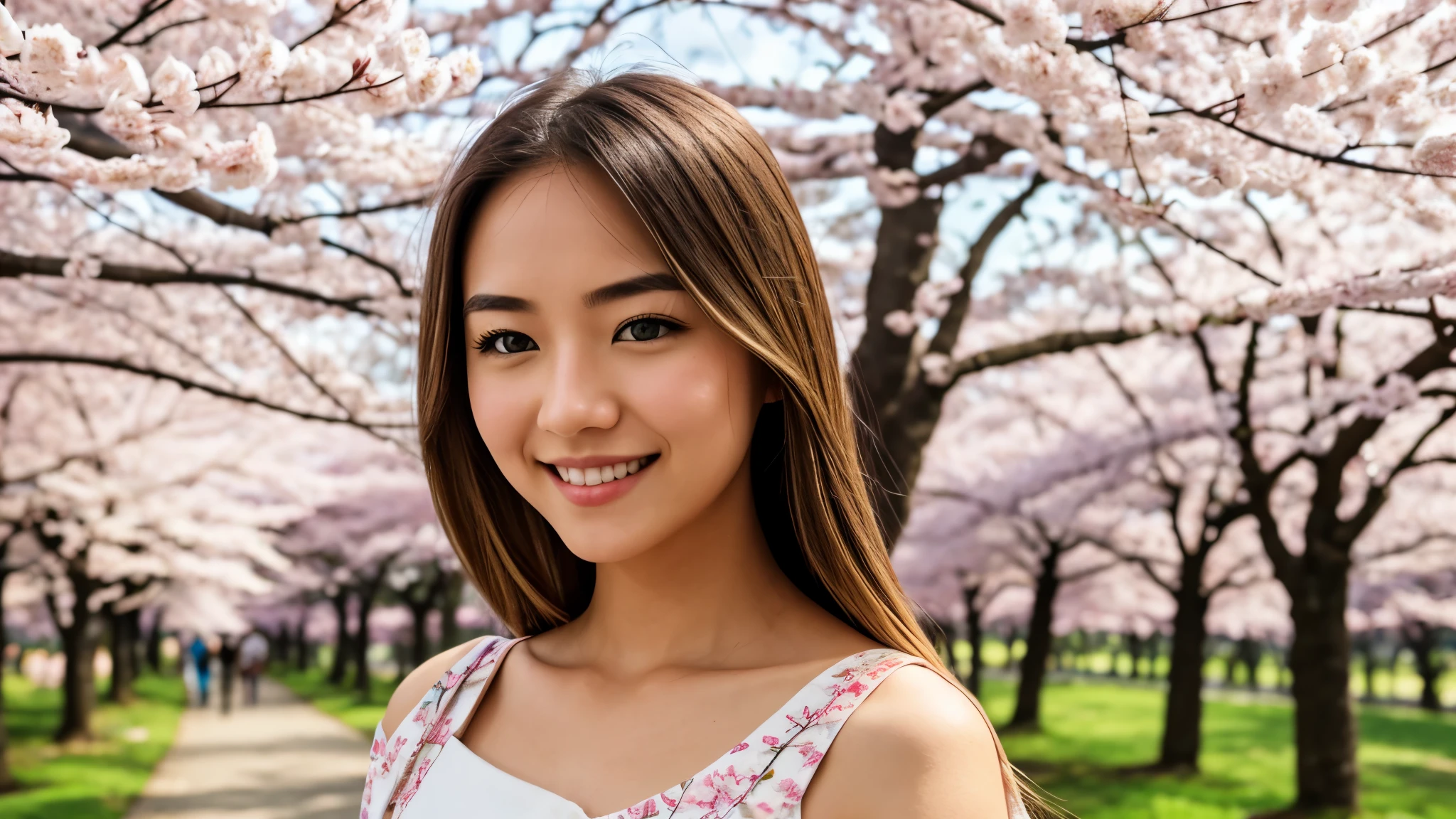 Instagram pictures, a girl with shoulder length hair, light blonde hair, a Close-up photo, Take a walk in the park with cherry blossoms, Japan, smile a little,