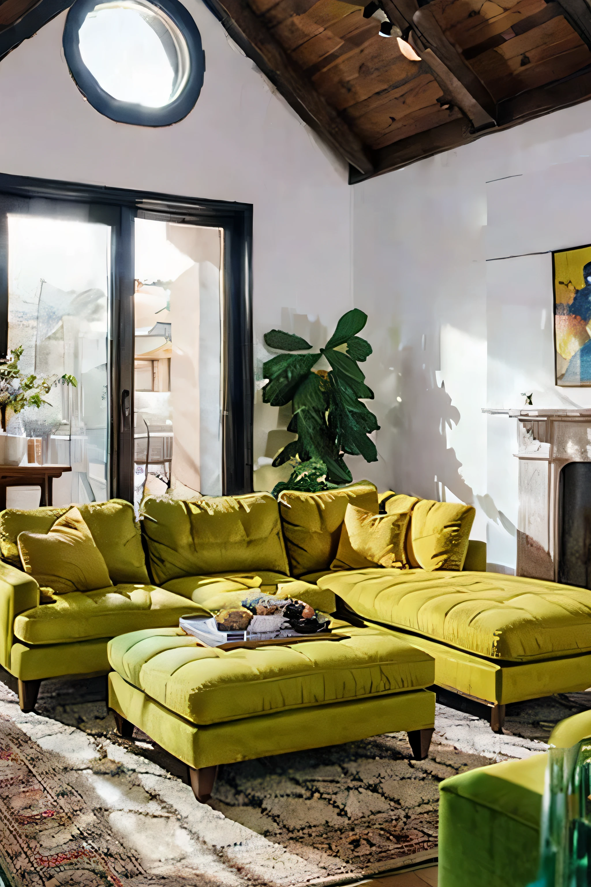 living room with arafe with yellow sofa and coffee table, hyperrealistic picture, inspired by Rainier Nams, unsplash contest winner, Maximalism, Furniture in warm colors, Furniture & decor, Housed in a large living room, in living room, Ochre Details, yellow-olive color scheme, Warm, cozy colors, placed in living room, Warm living room