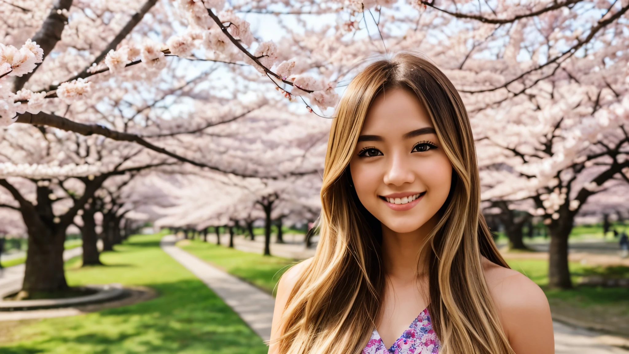 Instagram pictures, a girl with shoulder length hair, light blonde hair, a Close-up photo, Take a walk in the park with cherry blossoms, Japan, smile a little,
