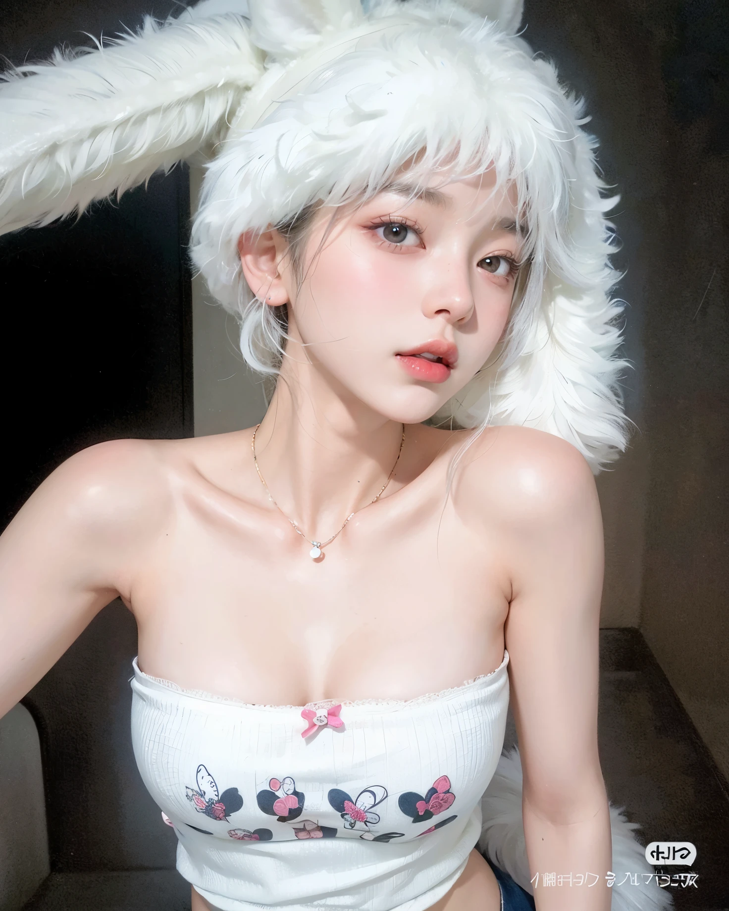 a close up of a woman wearing a bunny hat and a white top, cai xukun, sakimichan, lalisa manobal, wearing a chocker and cute hat, ulzzang, heonhwa choe, pale snow white skin, white hime cut hairstyle, trending at cgstation, sun yunjoo, xintong chen, with bunny ears jennie Black pink..... ect