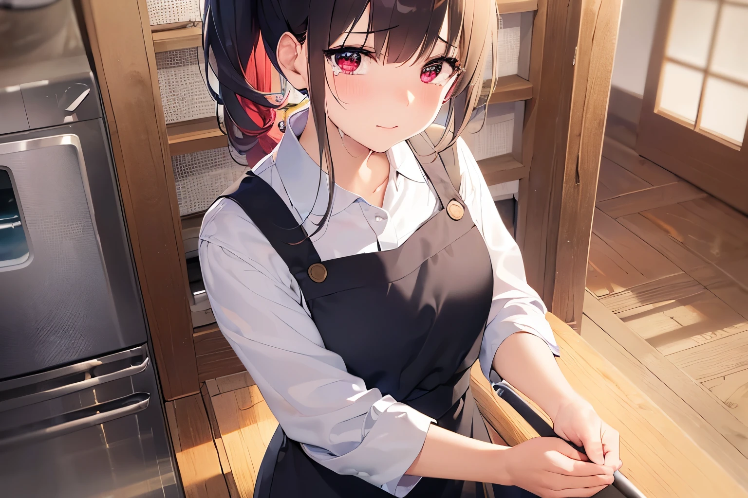 shooting from above、high quality、masterpiece、Realistic, real person, RAW photo, photorealistic, portrait photography, shiny skin, japanese idol、shiny hair、(25 year old woman with black bangs) and (ponytail) and (red eyes), curvy, He wears a plain white shirt with long sleeves., (wearing a red apron:1.3)、(embarrassed:1.3), (tears:1.2), The background is the washroom、washing machine、floor