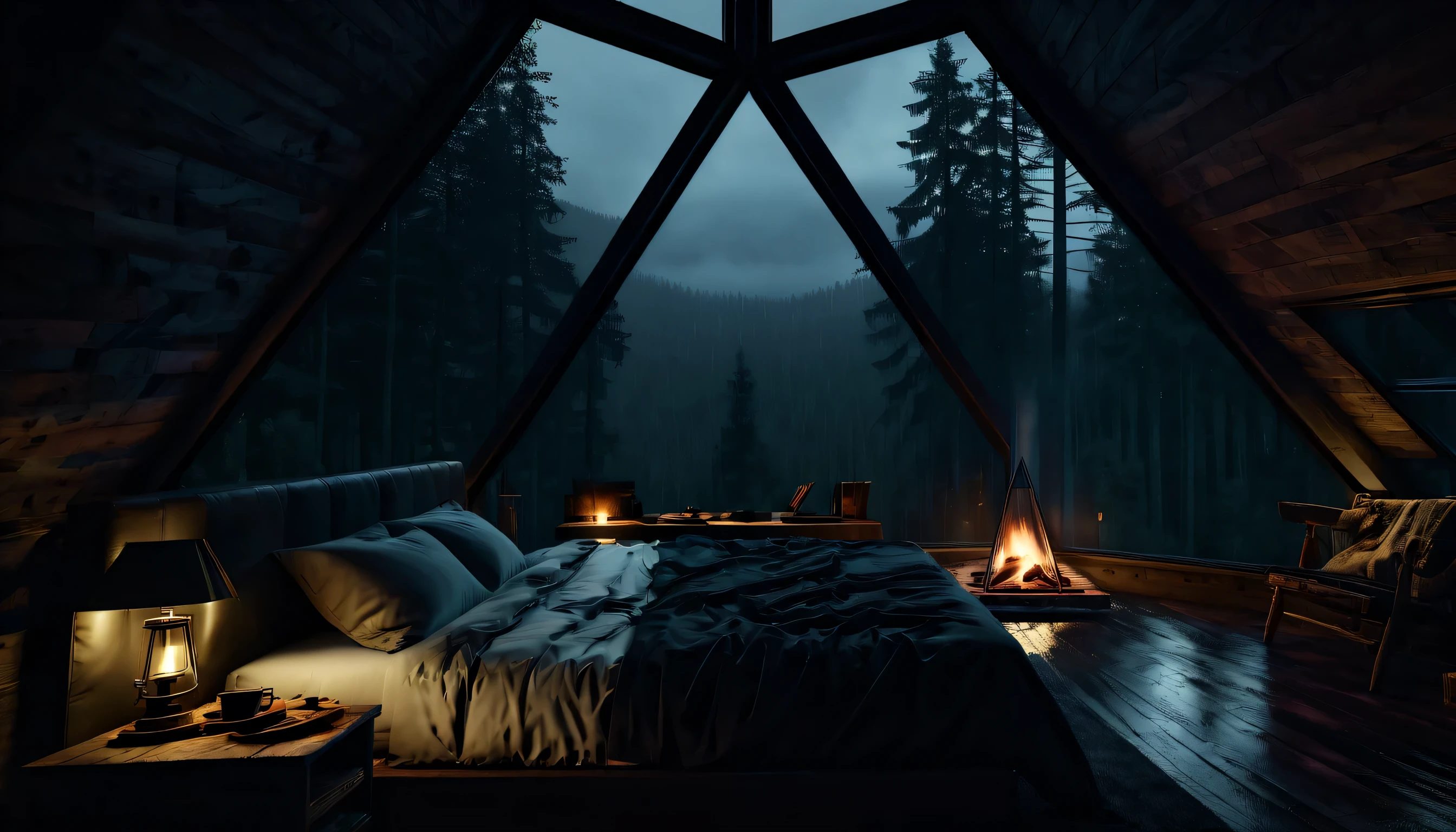 dimly lit alafard shape bedroom with wood burning fireplace and bed, large wooden windows overlooking the forest at night, Checkered pyramid shape windows, long, beautiful and cinematic lighting, cozy place, cryengine render 8k, cabin in the forest , minimalist pyramid room shape, pyramid glass, very dark forest background, lots of window columns, dark, pillows and blankets, large windows, minimalist windows, lots of boxes, minimalist windows facing the forest, calm night. the picture is original, rainy night. original rendering, stunning, rainy night, gloomy, dark gloomy cinematic lighting, atmosphere, landscape, vast forest, moody, dramatic lighting. cinematic, cinematic, atmospheric shots, gloomy weather. hyperrealistic, atmospheric rendering, rainy night, big gloomy forest, cinematic, rainy nature Dark bedroom with dimly lit mattress, desk and bookshelf, wooden glass, pyramid shape, gable roof, wooden glass, firewood, spacious minimalist room, many accessories in the room, overlooking the forest at night, dark forest, cool and rainy night, dark room, dark forest, night, 8k rendering cryenngine, dark forest background, moody, atmospheric rendering, gloomy weather, rainy night, gloomy forest , cinematic, cozy place, heavy rainy night, cozy atmosphere, rain outside, large window facing the forest, moody cinematic atmosphere, cozy atmosphere, comfortable living room, rainy night atmosphere, comfortable rain, gloomy lighting, gloomy cinematic lighting, comfortable and peaceful atmosphere, with a warm fireplace room, dark interior, surreal cinematic scenes and surreal machines