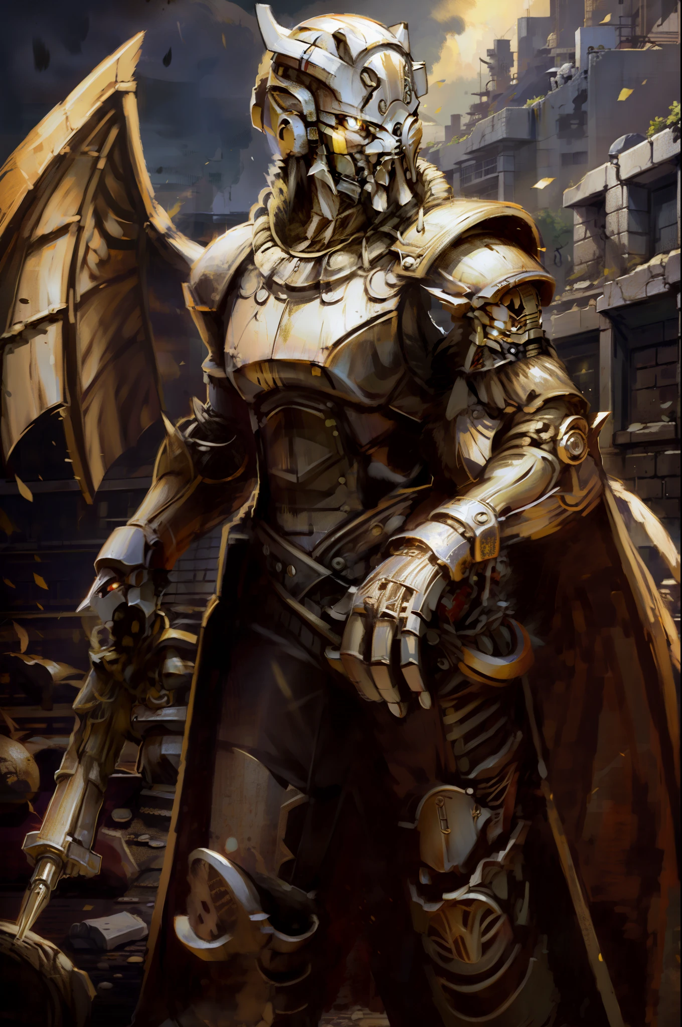 Armor-style nights, cloth robes, red cloth, light armor, dragon armor, ra_ygo, ra_ygo armor, Dexo, Dexo head, small wings, bright gold armor, reflective gold armor, holding rifle, holding gun, standing in rubble, standing in ruin, surrounded by ruin, clear sky, light blue sky, robot head