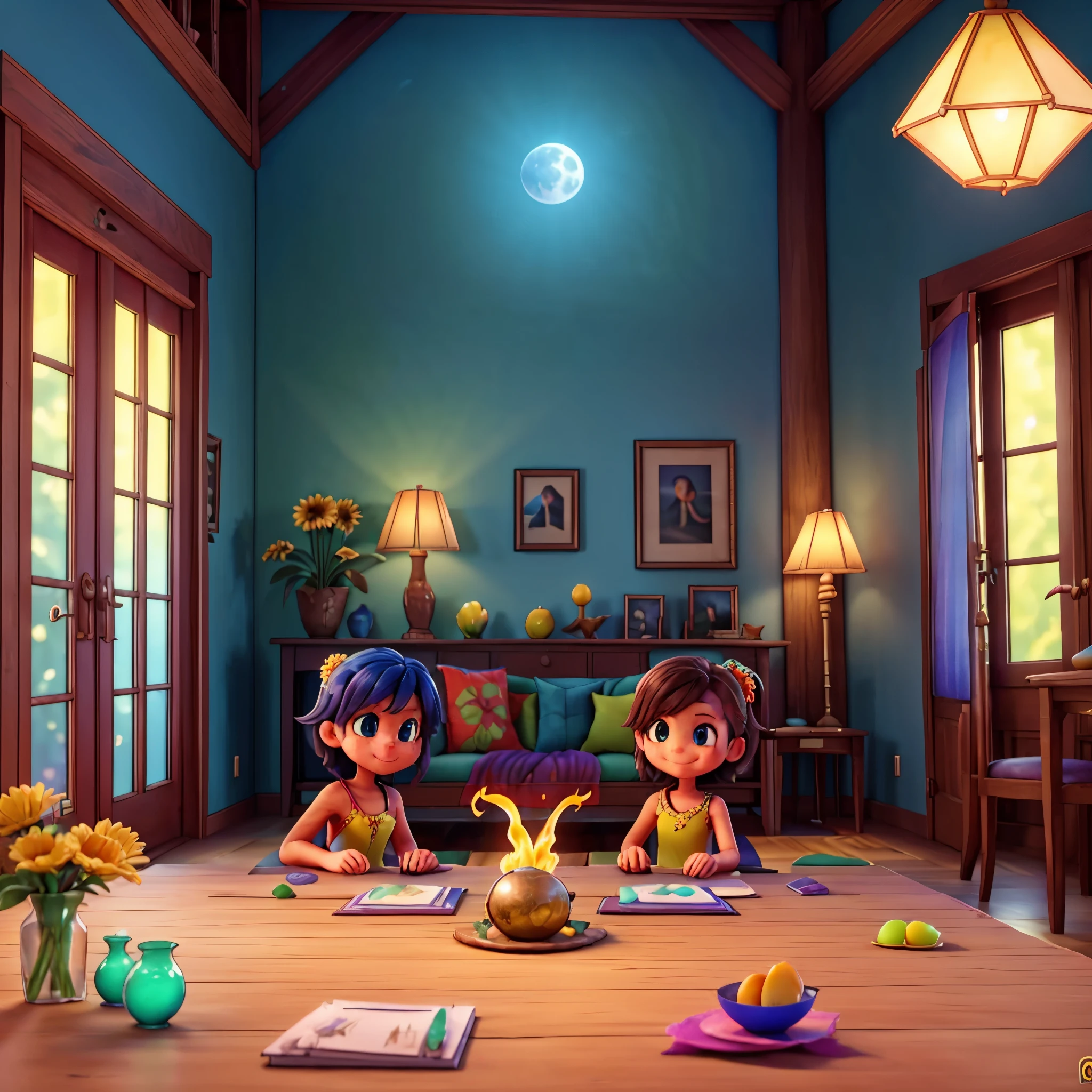 Nebula starry_sky Day sunset epic sunrise spacious sunshine, Boy: Miguel, approximately 5 years old, short Disney style hair, brown eyes and smiling. Girl: Giovana, 2 years old, long black hair and blue eyes. Scenario: Miguel and Giovana are in a cozy little house in the valley, in the background a sunny day, highlighting the sun. Unrealengine5 ultra masterpiece ❤ meticulously intricate ultra_high-details ultra_high-def ultra_high-res ultra_high-quality optimal ultra_sharpness ultra_Pro-photo-realistic cgi vfx sfx reflex Octane_rendered extreme improved UHD focus XT3 accurate DSLR HDR romm rgb pbr 3dcg fxaa blay vivid colors-coded anti-aliasing fkaa txaa rtx ssao opengl-shaders glsl-shaders post-processing post-production cell-shading tone-mapping perfection volumetric Lightning contrast Cinematic moonlight backlight global illumination sunflower luminescence Crystalline invoke magic monarch monstrous creature sundrop onyx summon transparent ruby Tourmaline pearl opal fleuraison monster butterfly reflection strange glow lazuli flash Earth saturate hearth blooms floraison Tattoo half-naked nsfw varies multi etc. --v 6 --s 1000 --c 20 --q 20 --chaos 100