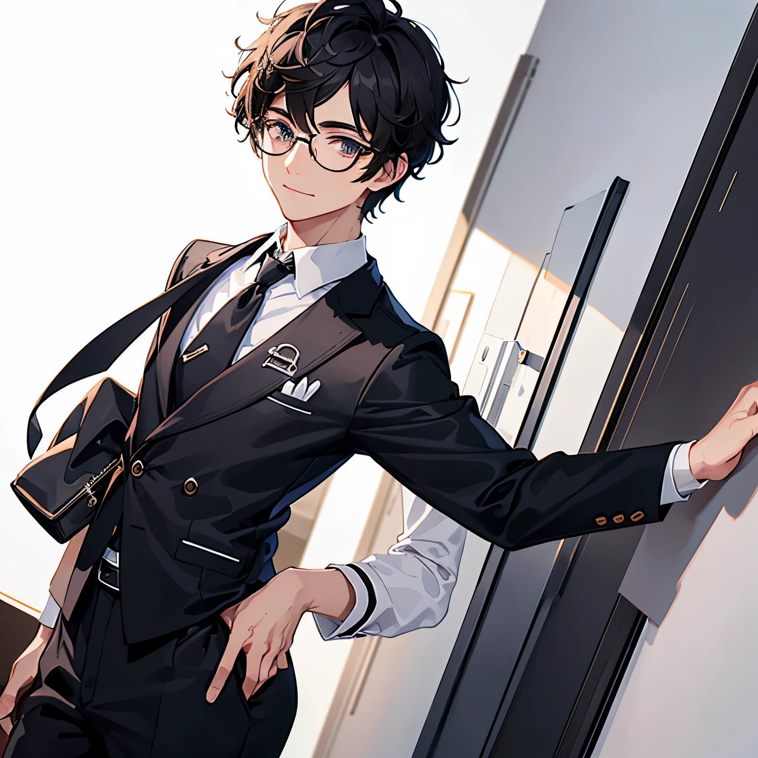 White background Black background Male Glasses Baby face Men's Late 20s Short hair Light curly hair Young Double eyes Realistic anime illustration Stylish dress shirt Innerwear Slacks Front angle Slight smile Icon Thumbnail Set as SNS profile Angle from the front