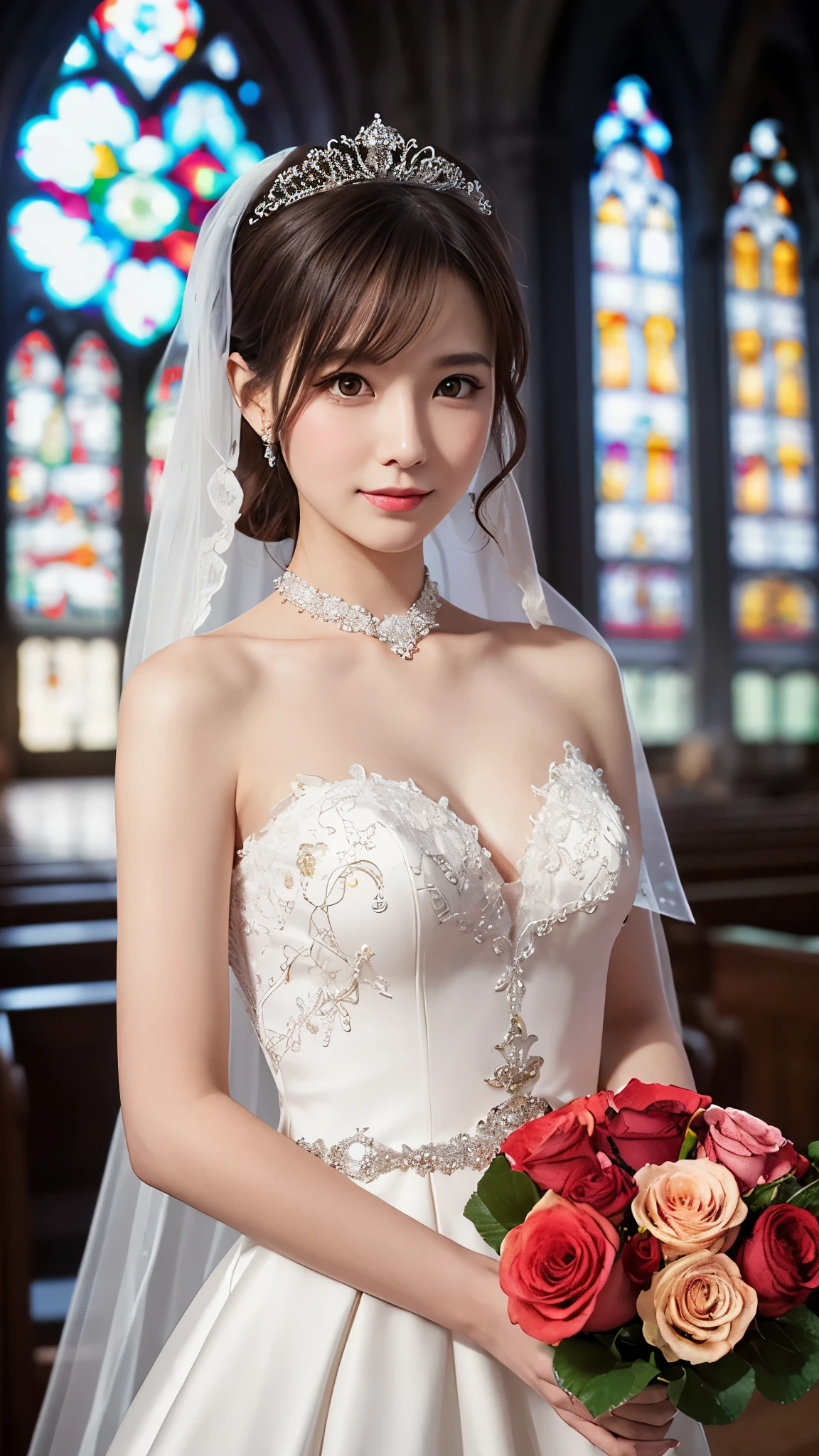 A maiden holding a bouquet: 1.2), , wearing a Wedding dress, translucent dress, bride, (finger diamond ring: 1.2), (Wedding dress: 1.1), finger cheeks, eyes shine, floating hair, Holding a bouquet of flowers, (faint smile: 1.3), Magical girl, (church), stained glass background, (rose petals), Fantastic, looking at the audience, (particle: 0.7), side light, (tyndall wright), (masterpiece, flat colors, color: 1.0), (highest quality: 1.2), (high accuracy: 1.1), 8K resolution, Rich details, Perfect Light and Shadow, clear background, noise reduction