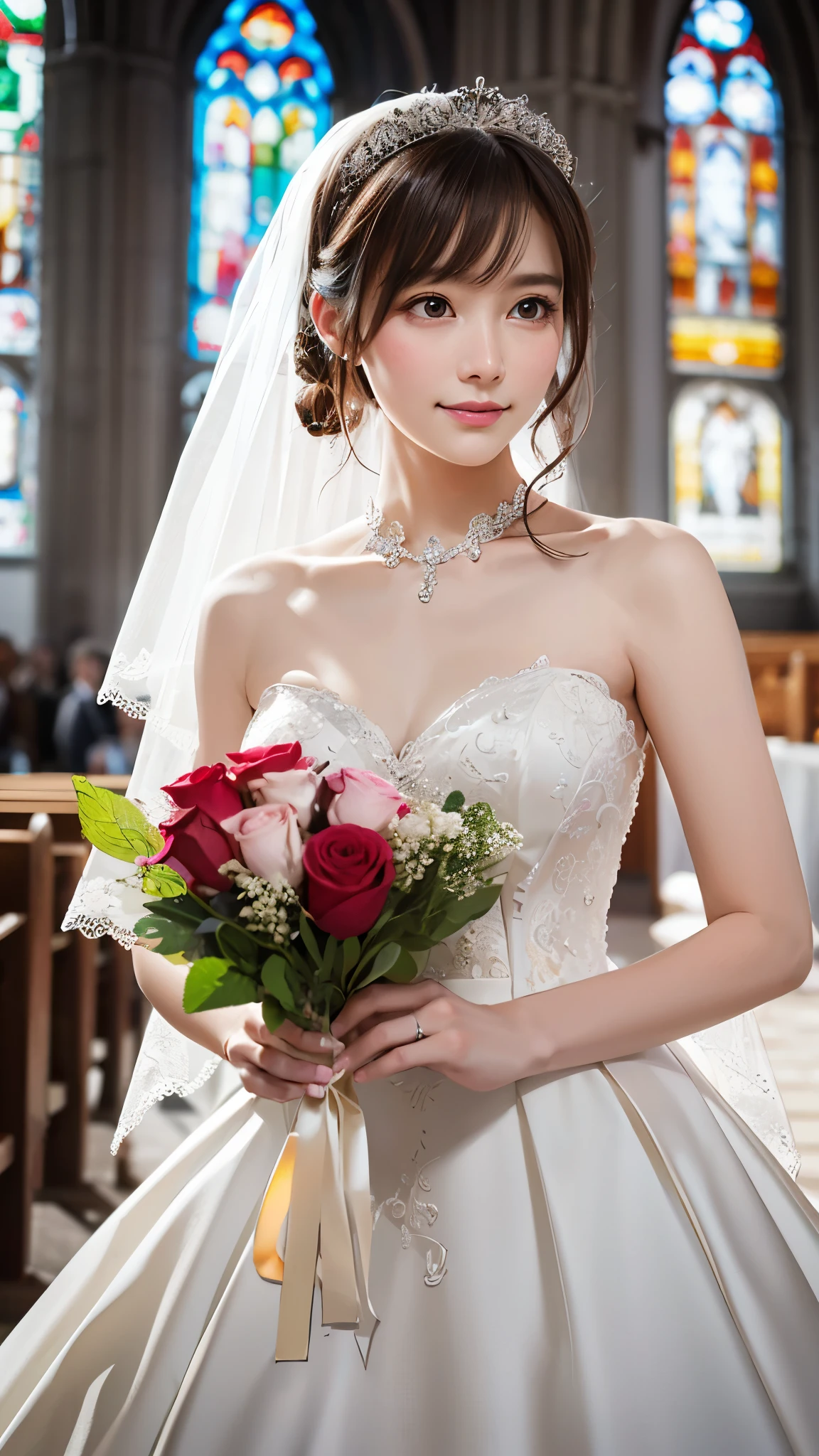 A maiden holding a bouquet: 1.2), , wearing a Wedding dress, translucent dress, bride, (finger diamond ring: 1.2), (Wedding dress: 1.1), finger cheeks, eyes shine, floating hair, Holding a bouquet of flowers, (faint smile: 1.3), Magical girl, (church), stained glass background, (rose petals), Fantastic, looking at the audience, (particle: 0.7), side light, (tyndall wright), (masterpiece, flat colors, color: 1.0), (highest quality: 1.2), (high accuracy: 1.1), 8K resolution, Rich details, Perfect Light and Shadow, clear background, noise reduction