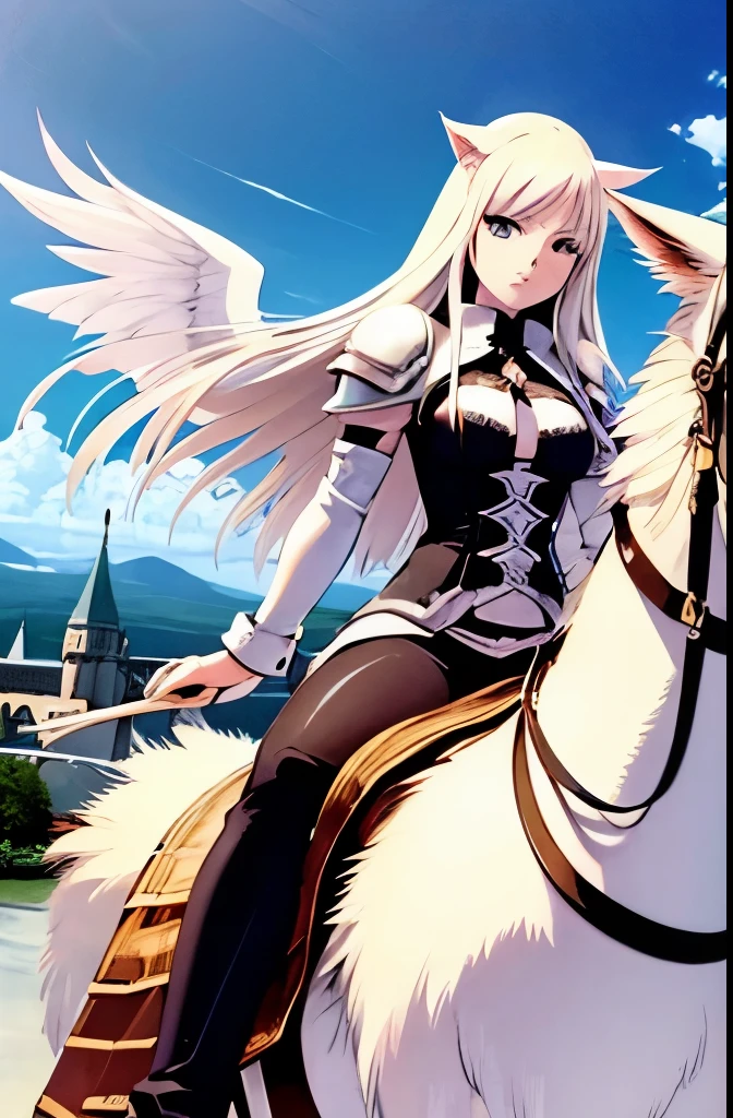 Adult woman, long platinum blonde hair, cat ears, blue eyes, haughty, white knight armor, white angel wings, castle background, snaf, white armor, riding chocobo, chocobo
chocobo, cat ears