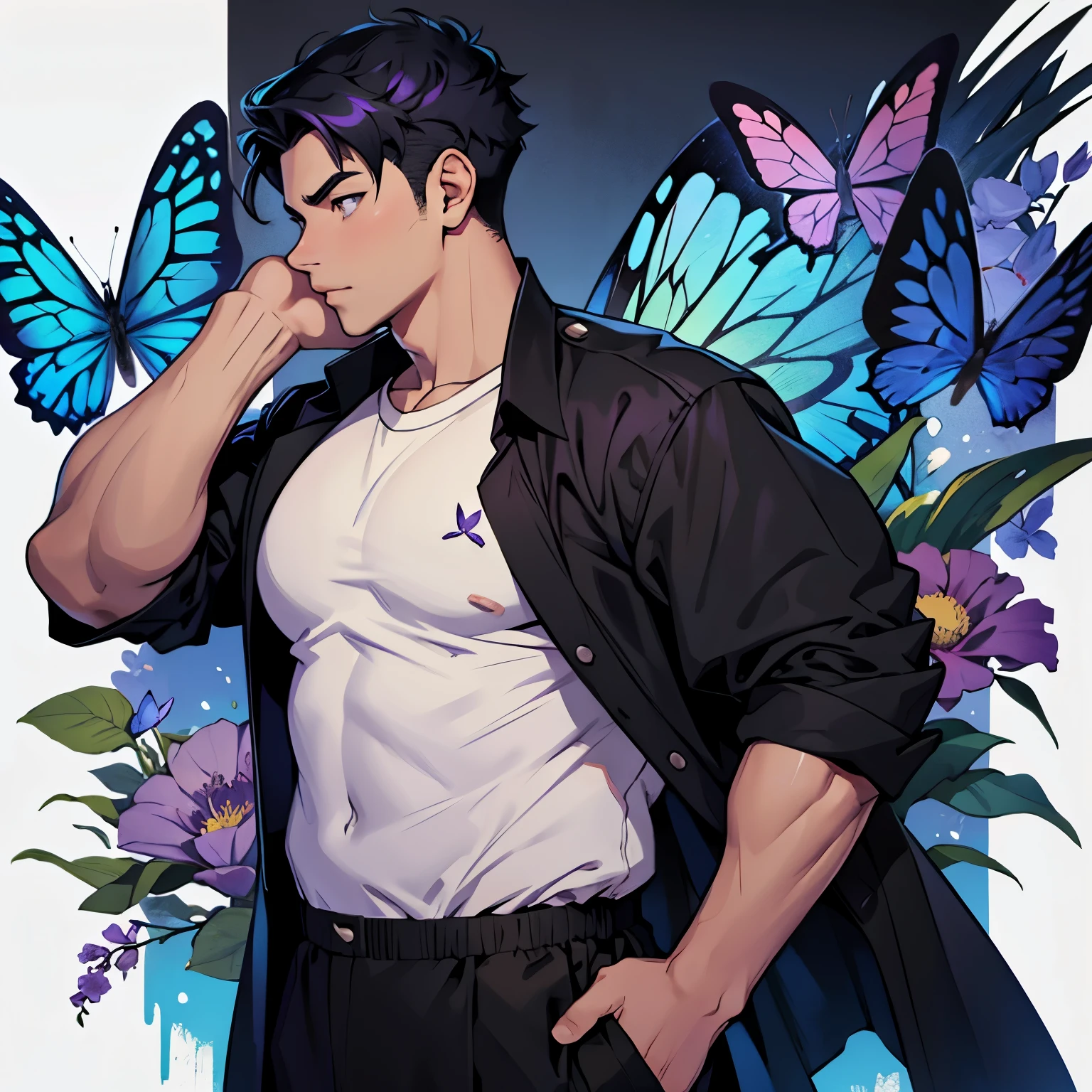 A young butterfly guy, chubby, with black purple long short hair