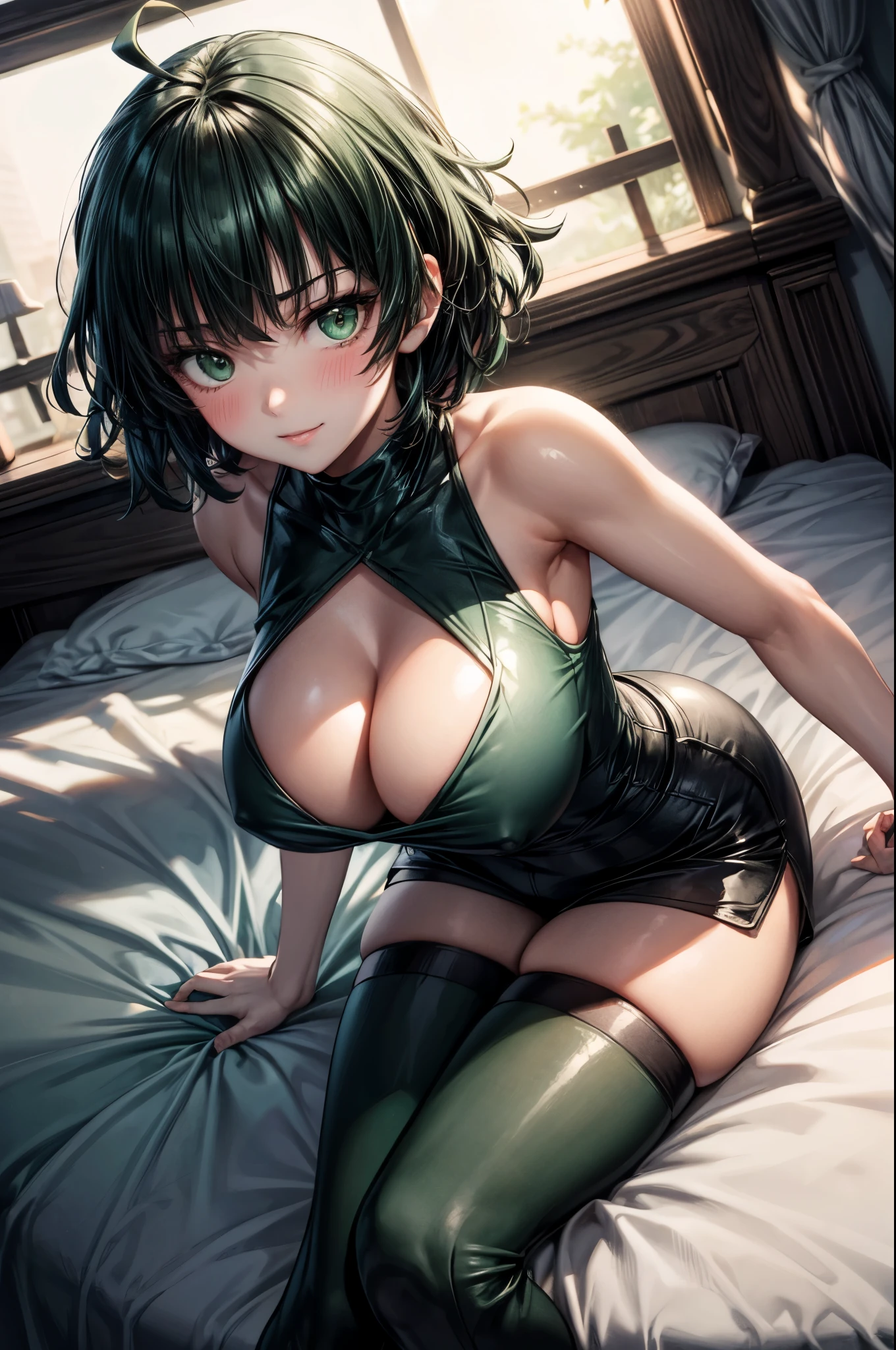 Solo, 1Woman, Fubuki, Fubuki \(One Punch Man\), Dark Green Hair, Messy Fluffy Bobcut, Ahoge, Green Eyes, Massive Breasts, Narrow Waist, Wide Hips, Large Round Ass, Thick Soft Thighs, Dark Green Sleeveless Turtleneck, Cleavage Window, Deep Cleavage, Black Short Shorts, Green Thighhigh Socks, From Above, Laying in Bed, Lying on Back, Looking Up to Viewer, Arms Open, Reaching to Viewer, Romantic Bedroom, Beautiful Lighting, Loving Smile, Cute Expression, Blushing, Masterpiece, 4K Resolution