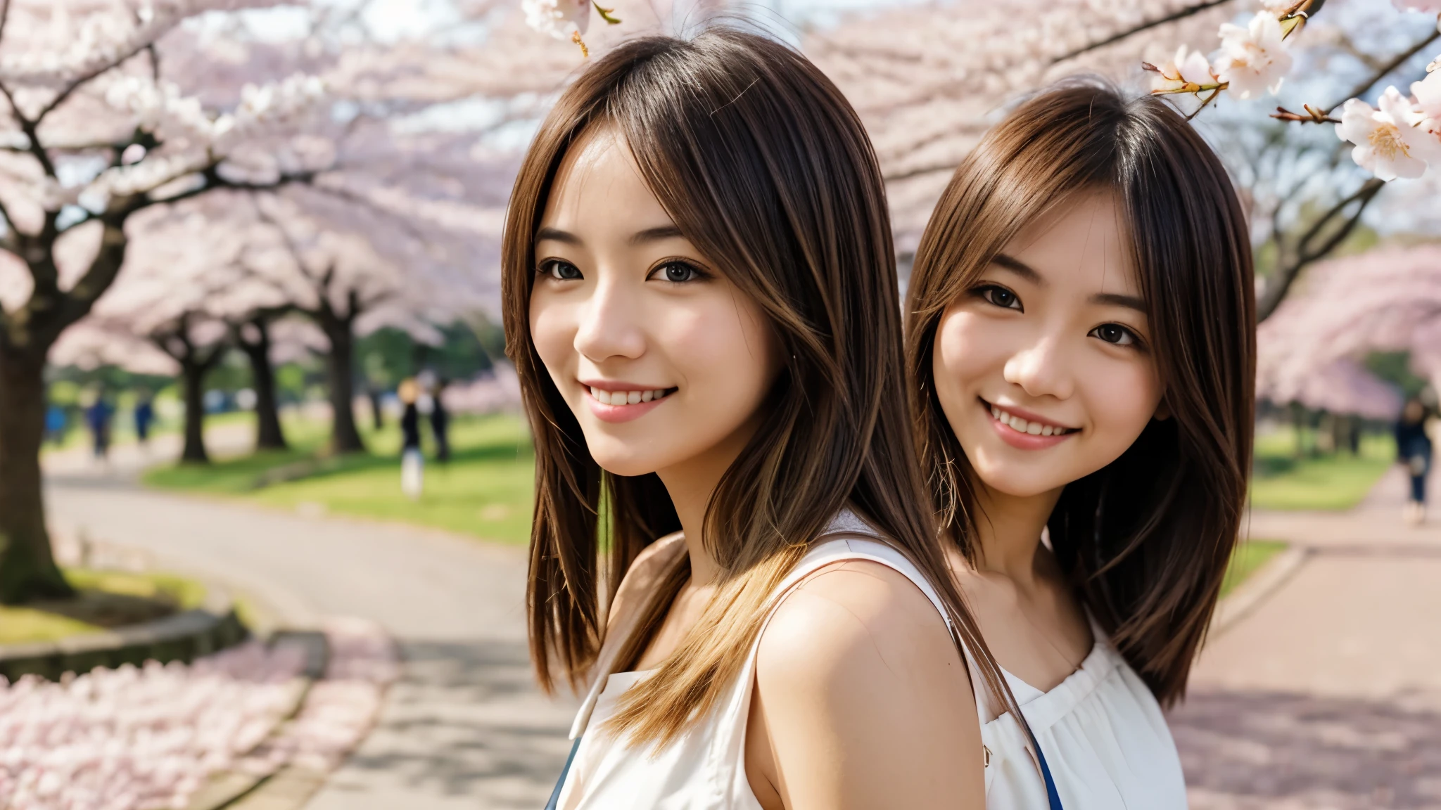 Instagram pictures, a girl with shoulder length hair, light blonde hair, a Close-up photo, Take a walk in the park with cherry blossoms, Japan, smile a little,