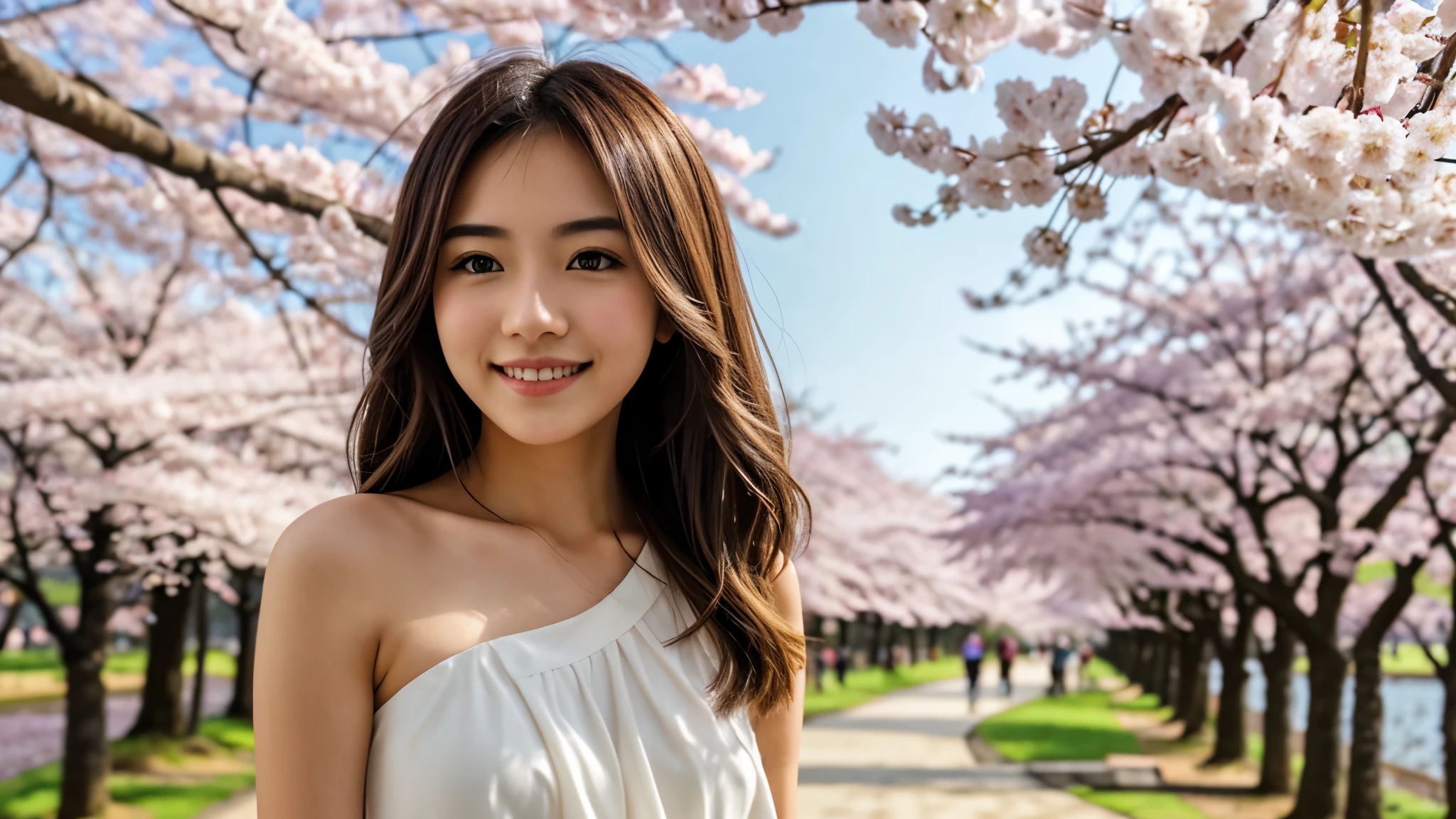 Instagram pictures, a girl with shoulder length hair, light blonde hair, a Close-up photo, Take a walk in the park with cherry blossoms, Japan, smile a little,