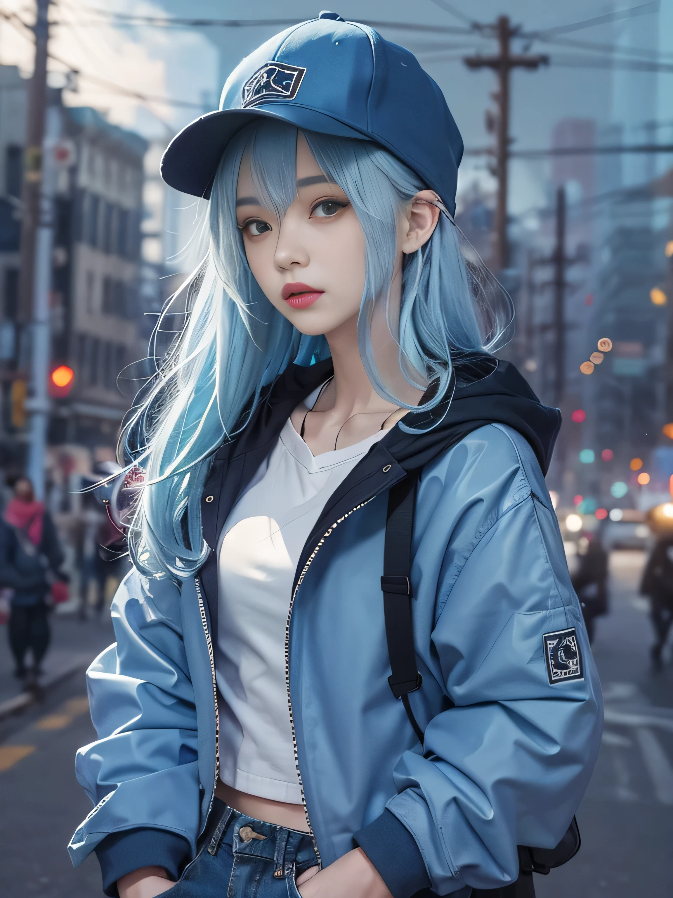 masterpiece,1 girl,alone,white long hair,blue hair,hoodie,cropped shoulders:1.2,mob cap,street,put your hands on your hips,put one's hand in one's pocket,black stockings