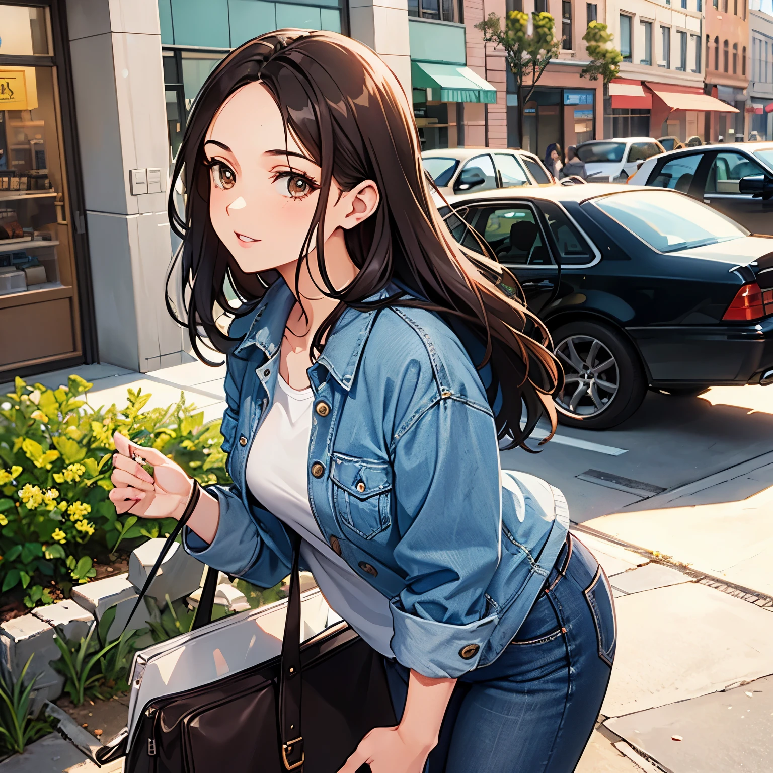 dark brown hair dark brown eyes bag jeans medium hair woman in her 30s
